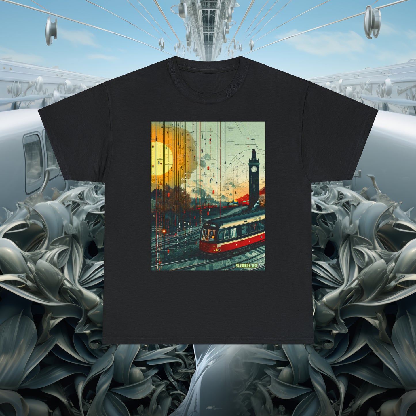 Unisex Heavy Cotton Tee Train Bauhaus Art Style Design 002