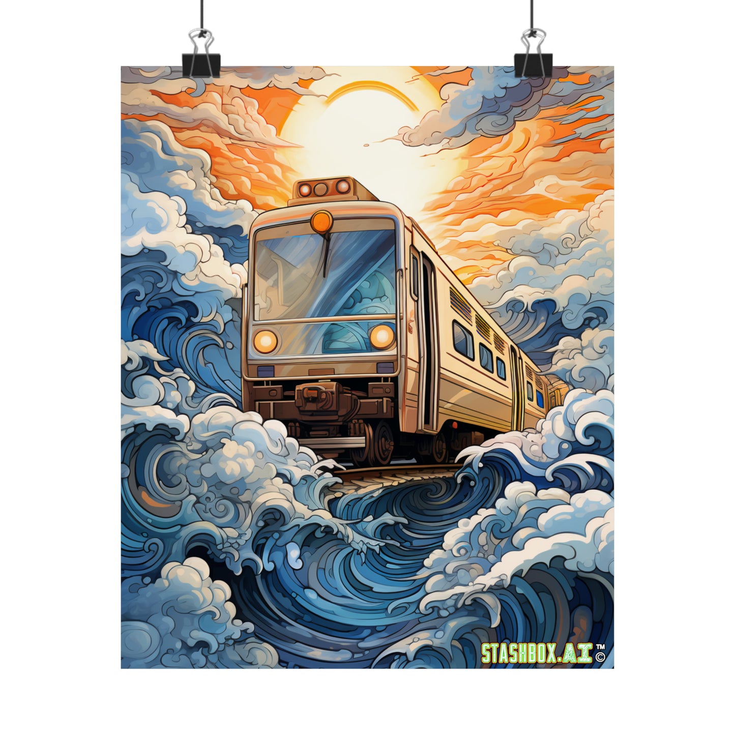 Stashbox Train Design #015: Psychedelic Train in Ocean Waves Poster
