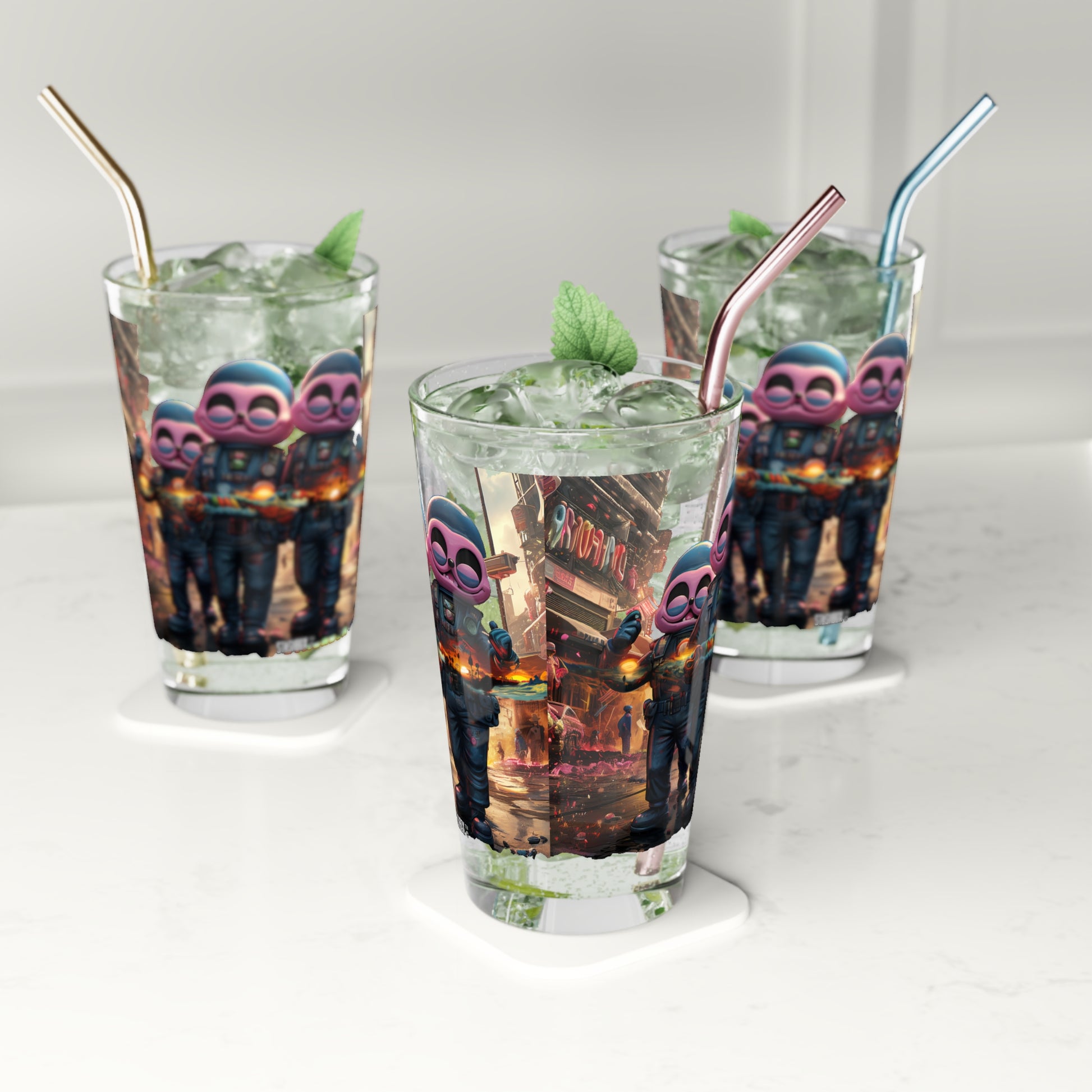 Experience surreal sips with Pink City Aliens: Tropical Dreams Pint Glass. Alien artistry in every drop, exclusively at Stashbox.ai.