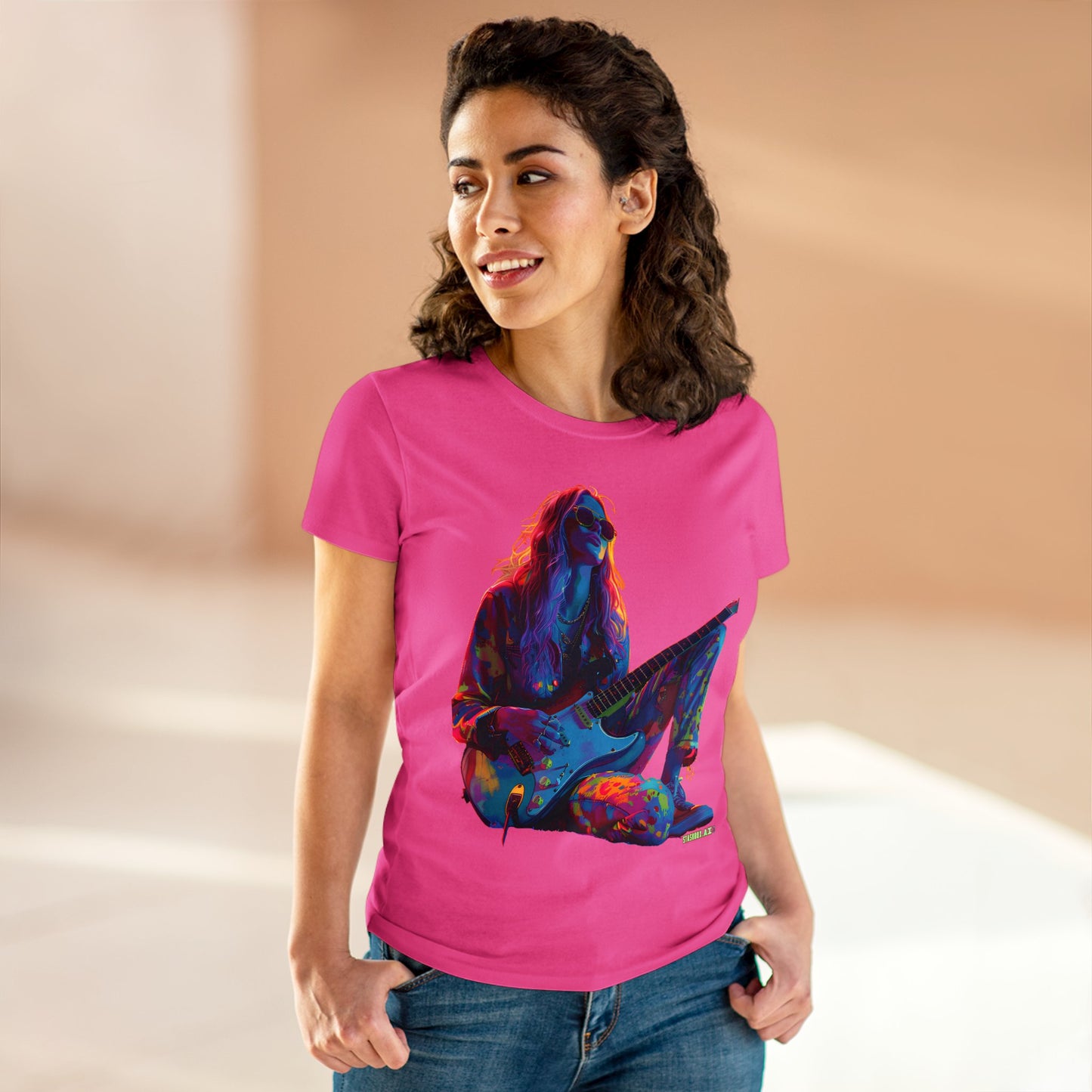 Women's Midweight Cotton Tshirt Colorful Hippy Female Guitarist in the Groove  002
