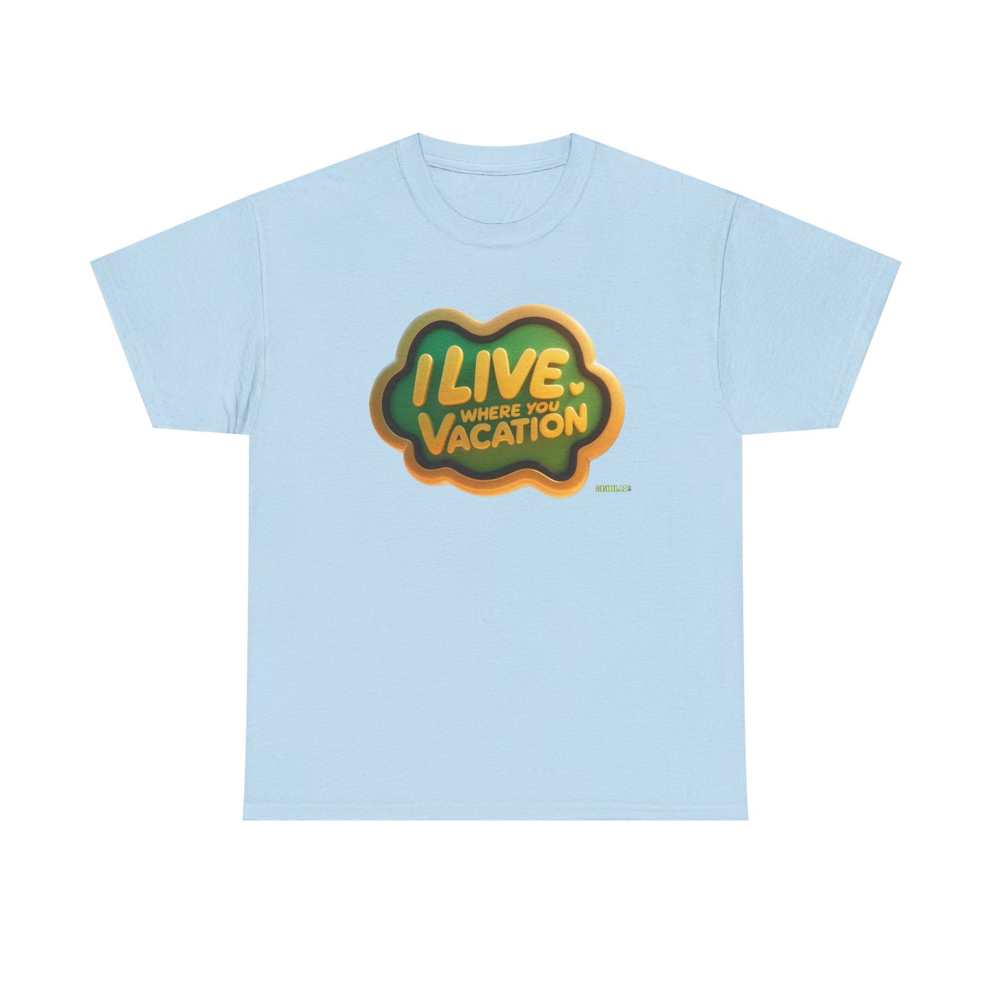 Vacation Vibes Unisex Heavy Cotton Tee - "I Live Where You Vacation" Green & Yellow