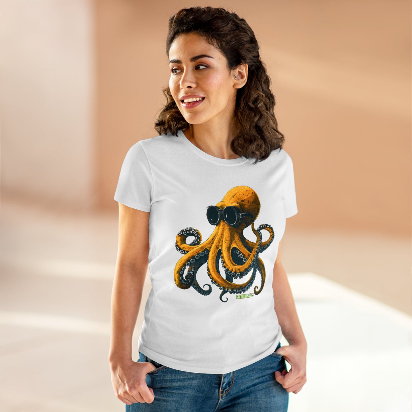 Women's Midweight Cotton Tshirt Yellow Octopus wearing goggles 001