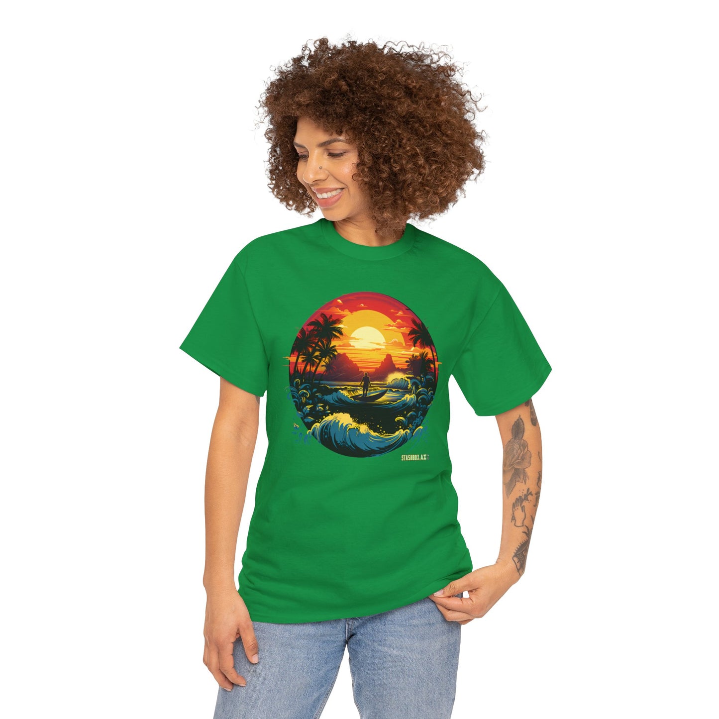 Unisex Heavy Cotton Tshirt Perfect Beach Sunset w/ Waves 036