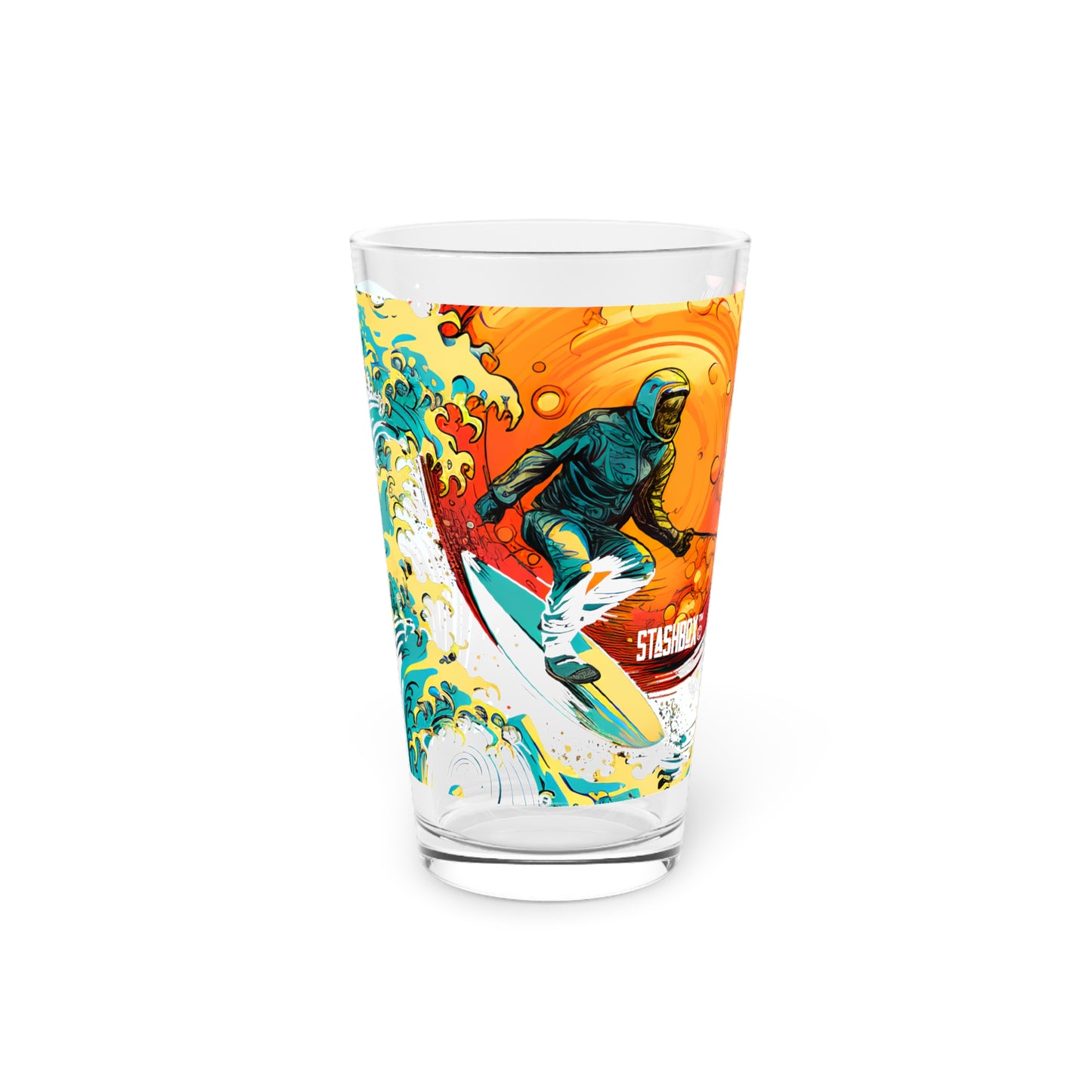 Surfing Astronaut Space Wave Art, Pint Glass, 16oz, Waves Designs #67