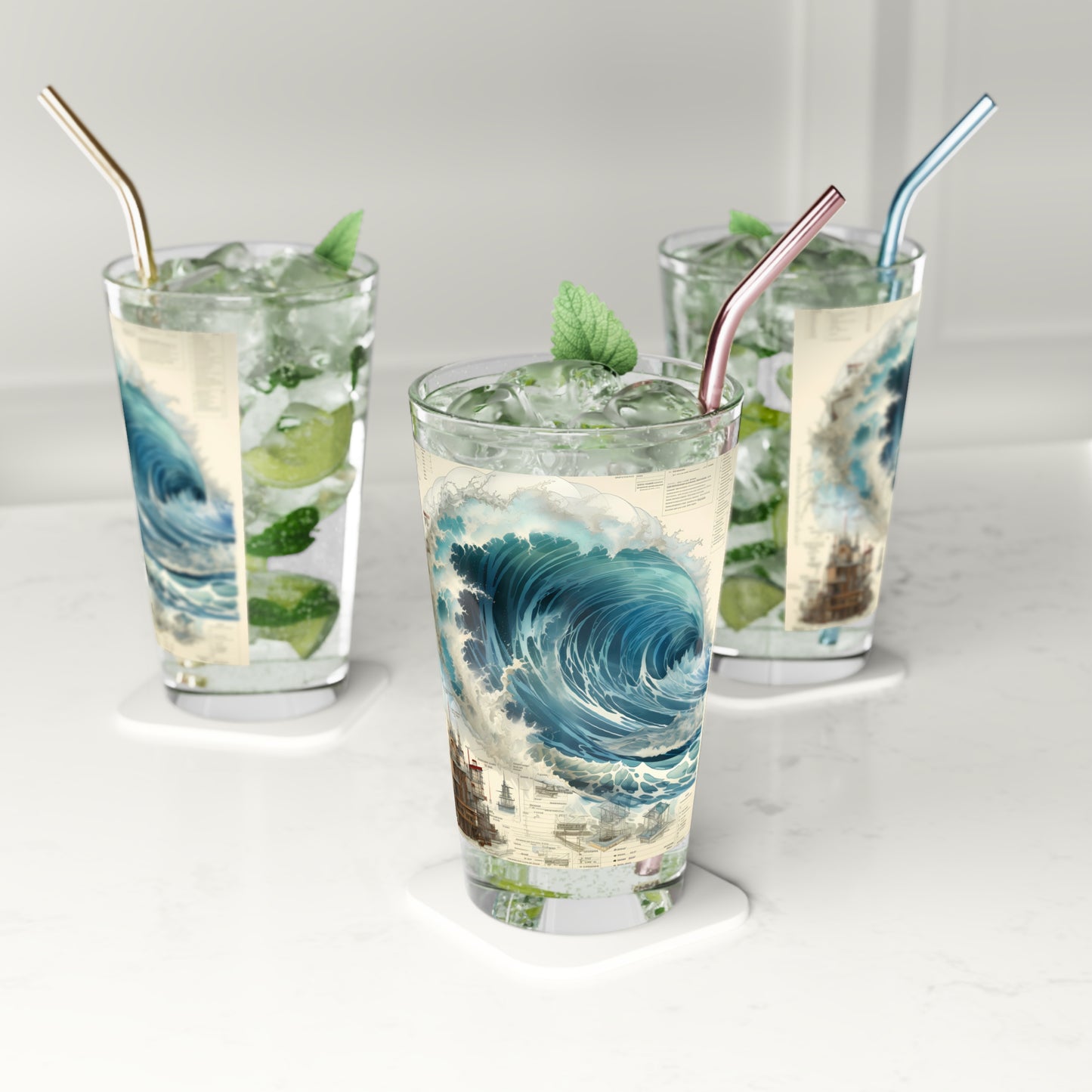 Drink to the Details: Schematic Chart Waves 16oz Pint Glass - Waves Design #008. Scientific artistry, exclusively at Stashbox.ai.