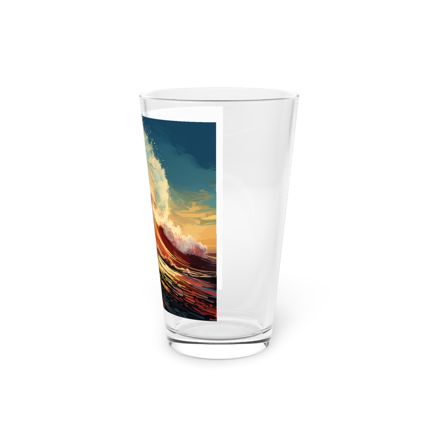 Dive into the mesmerizing world of Surfing Color Waves with our 16oz Pint Glass. Waves Design #019 brings the dynamic hues of the ocean right to your fingertips, a true masterpiece.