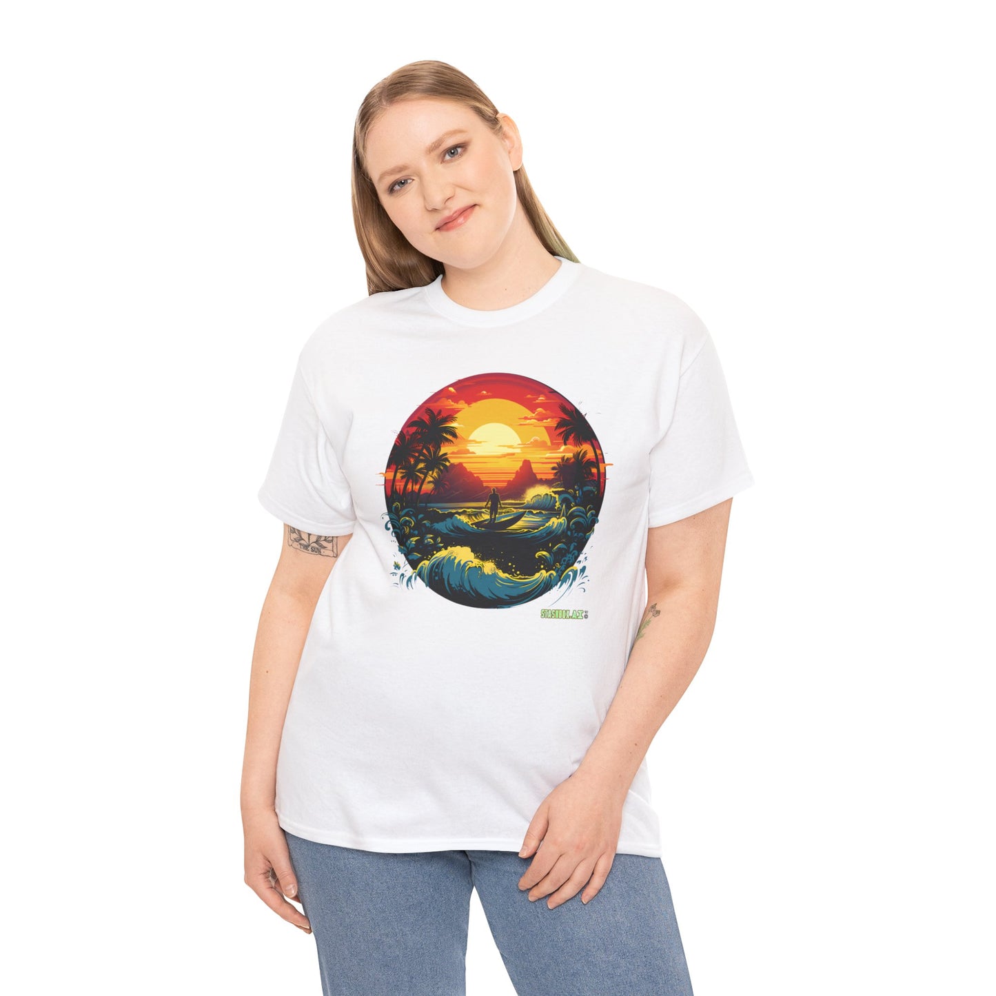 Unisex Heavy Cotton Tshirt Perfect Beach Sunset w/ Waves 036