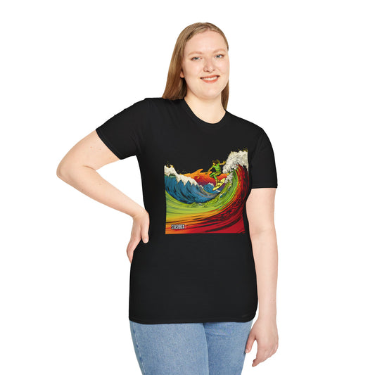 Unisex Softstyle T-Shirt Surfing Wave Green Yellow Red  Art Style 43