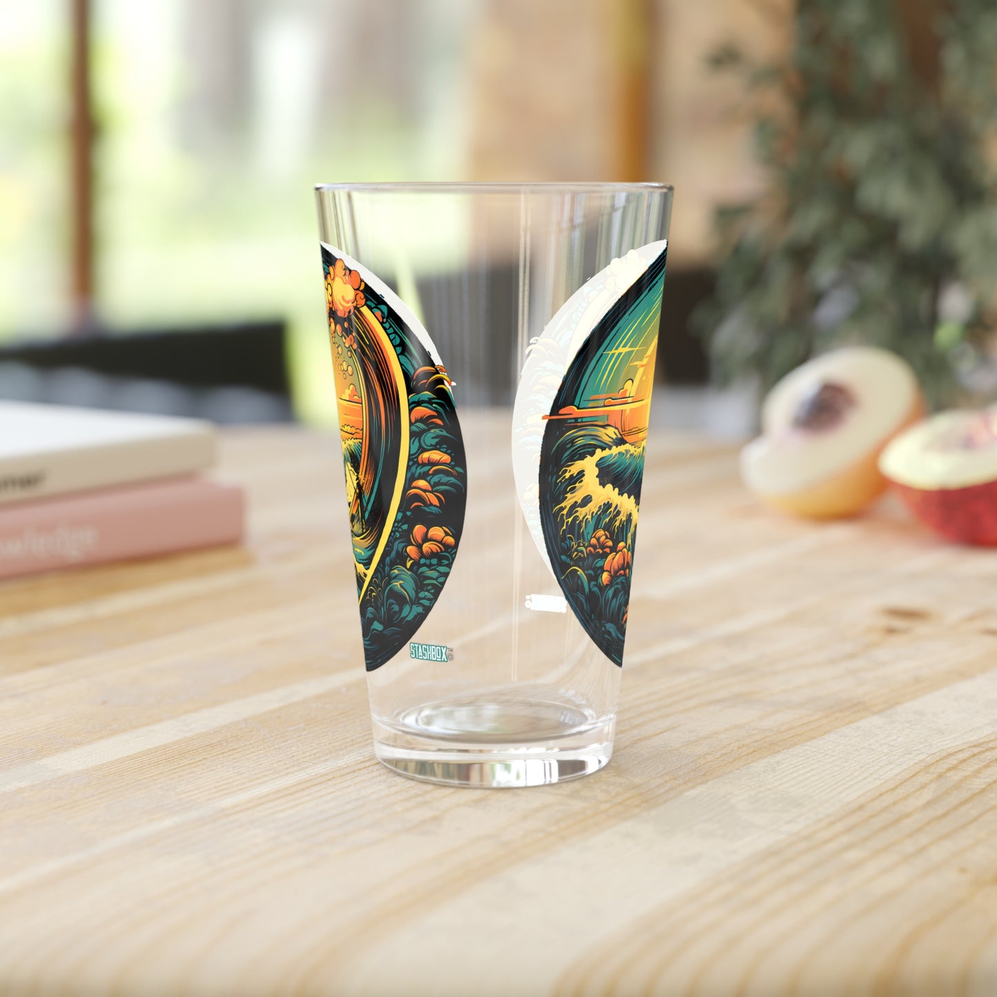 Pint Glass 16oz Colorful Sunset Wave Design 041