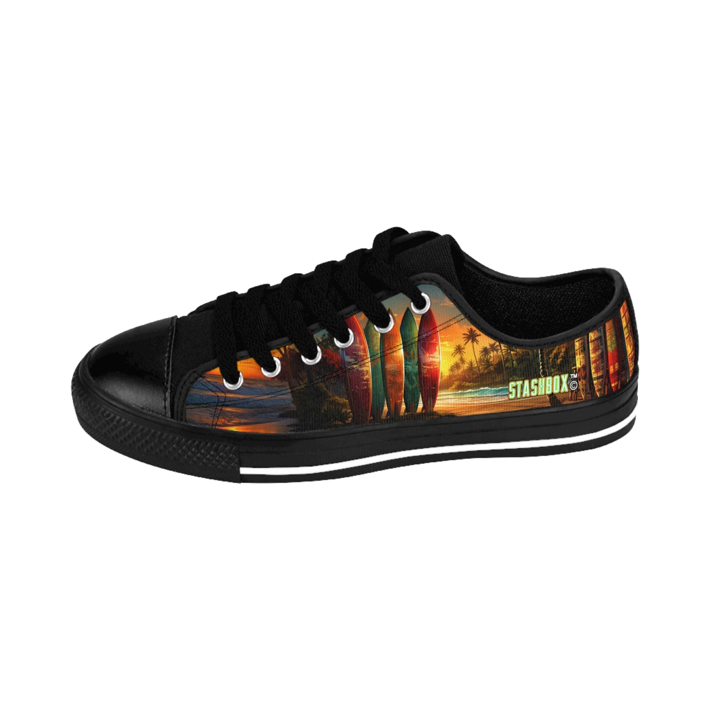 STASHBOX.AI Surfboards in Hawaiian Sunset Beach Scene - Custom Shoes with original music and beach artwork
