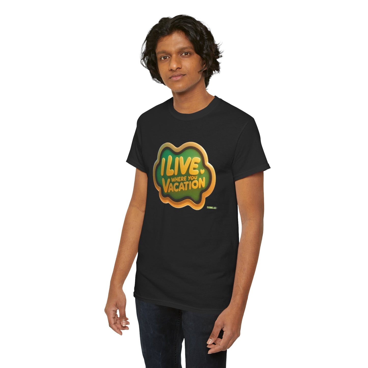 Vacation Vibes Unisex Heavy Cotton Tee - "I Live Where You Vacation" Green & Yellow