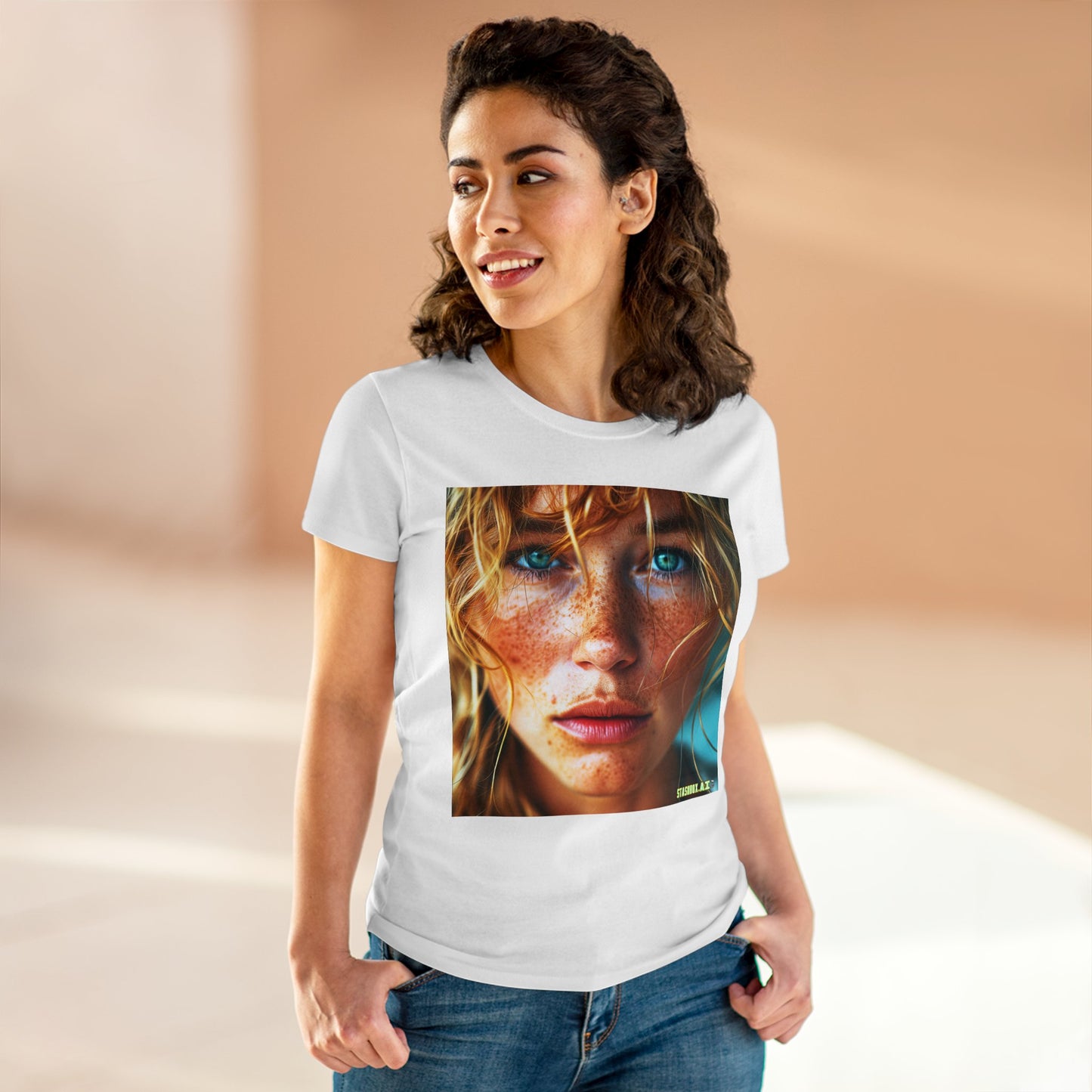 Women's Midweight Cotton Tshirt Redhead Model Beautiful Face Close Up 021