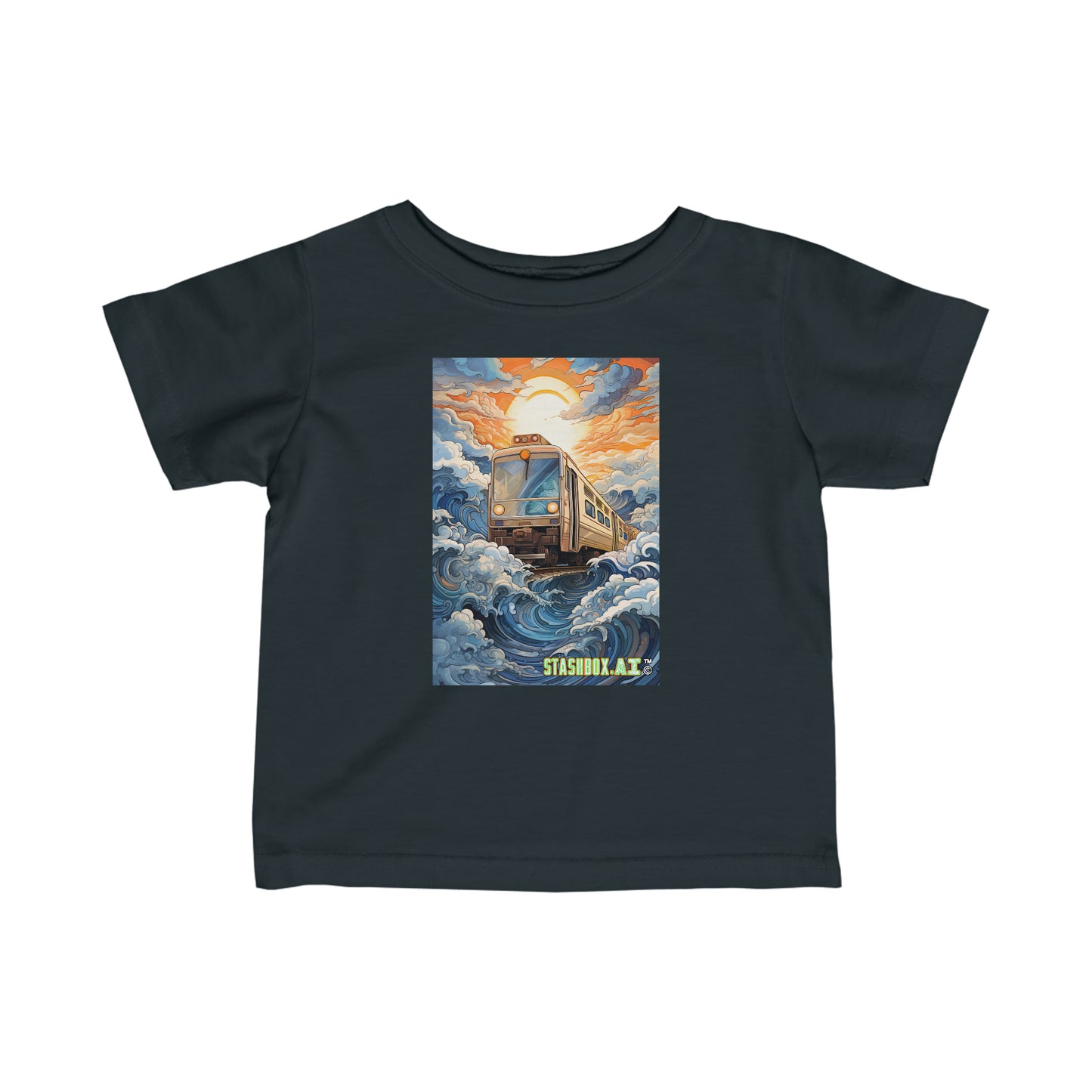 Infant Fine Jersey Tshirt Train plowing through Big Blue Waves and Sunny Bright Cartoon Sky 015