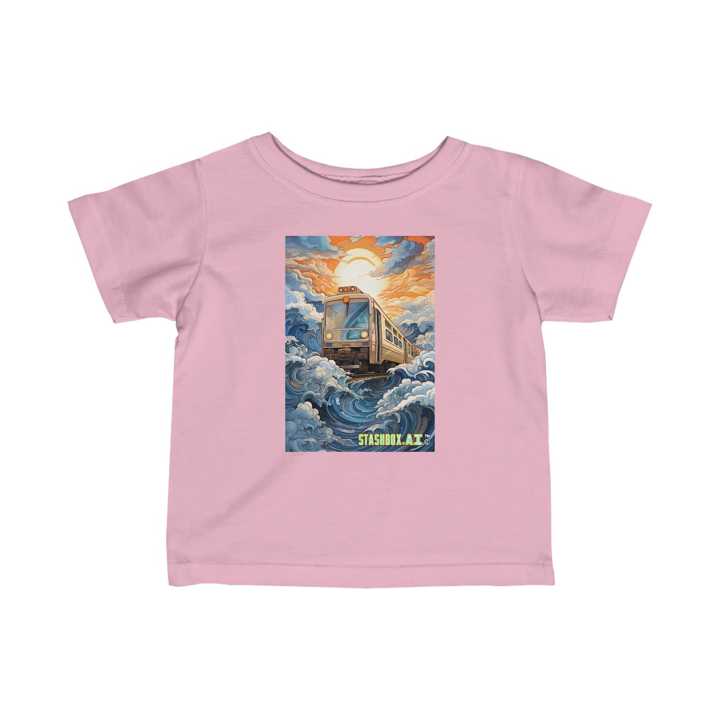 Infant Fine Jersey Tshirt Train plowing through Big Blue Waves and Sunny Bright Cartoon Sky 015