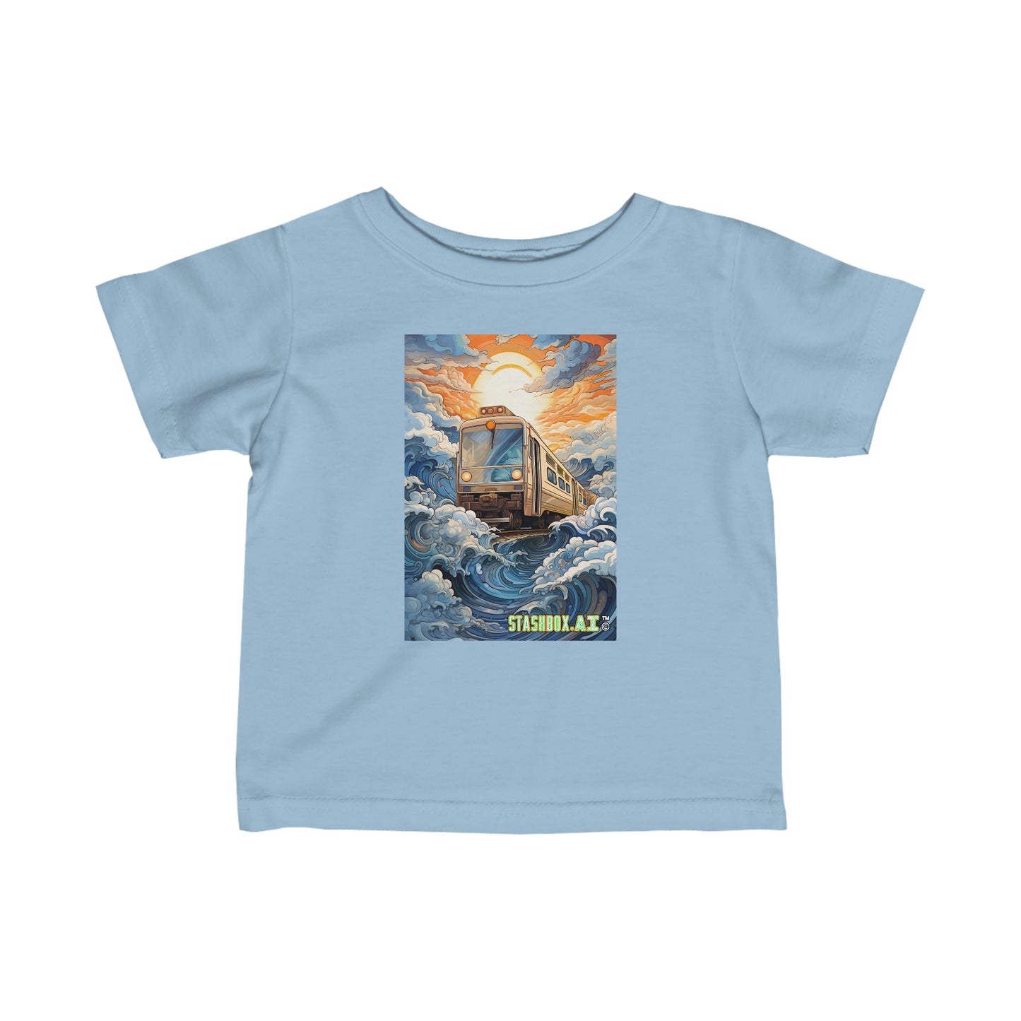 Infant Fine Jersey Tshirt Train plowing through Big Blue Waves and Sunny Bright Cartoon Sky 015