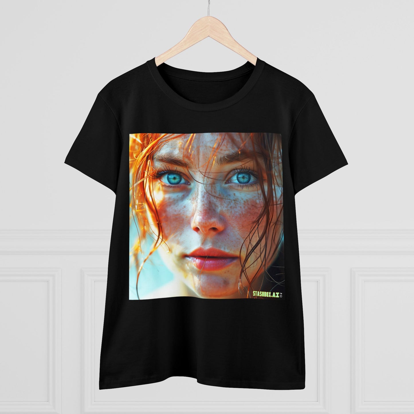Women's Midweight Cotton Tshirt Redhead Model Beautiful Face Close Up 020