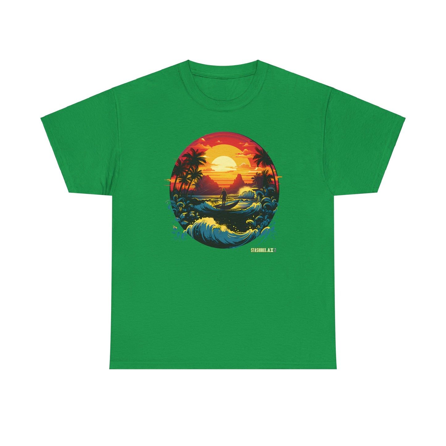Unisex Heavy Cotton Tshirt Perfect Beach Sunset w/ Waves 036