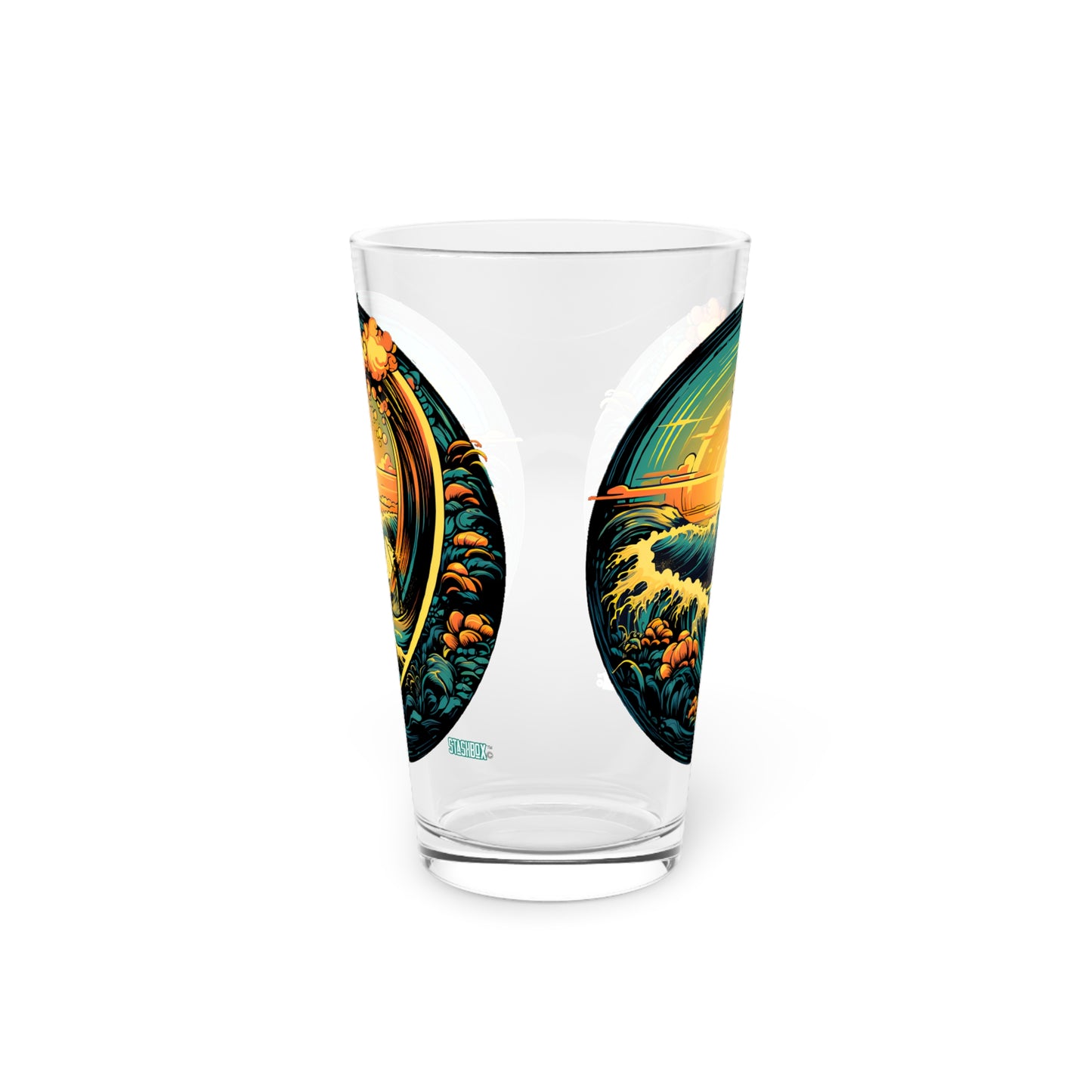 Pint Glass 16oz Colorful Sunset Wave Design 041