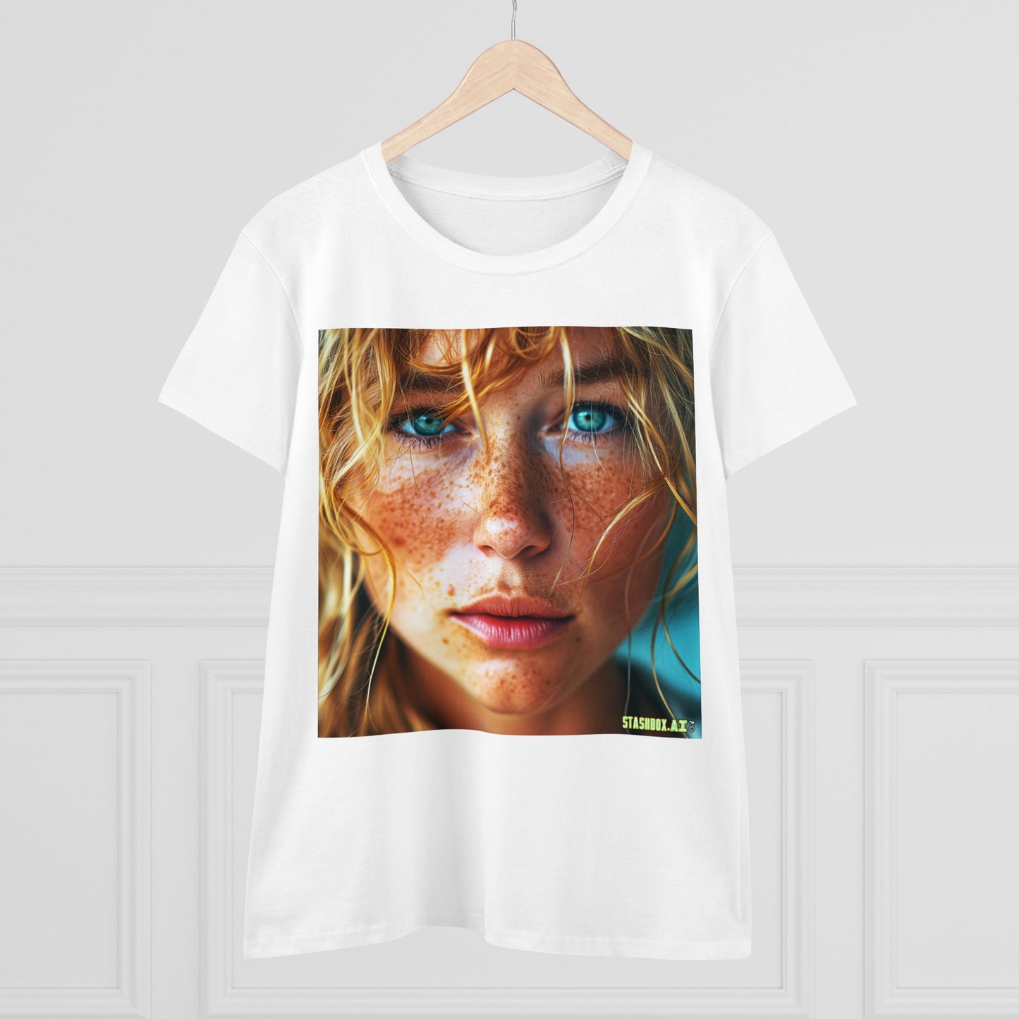 Women's Midweight Cotton Tshirt Redhead Model Beautiful Face Close Up 021