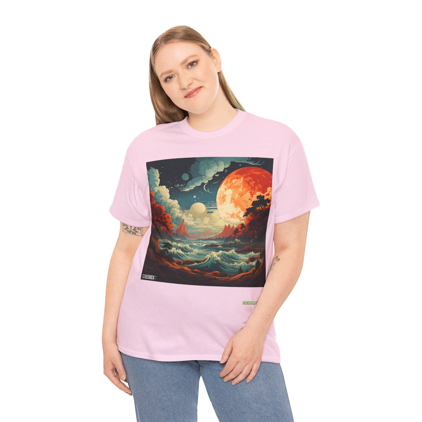 Unisex Heavy Cotton Tshirt Spacy Colorful Beach w/ Waves 37