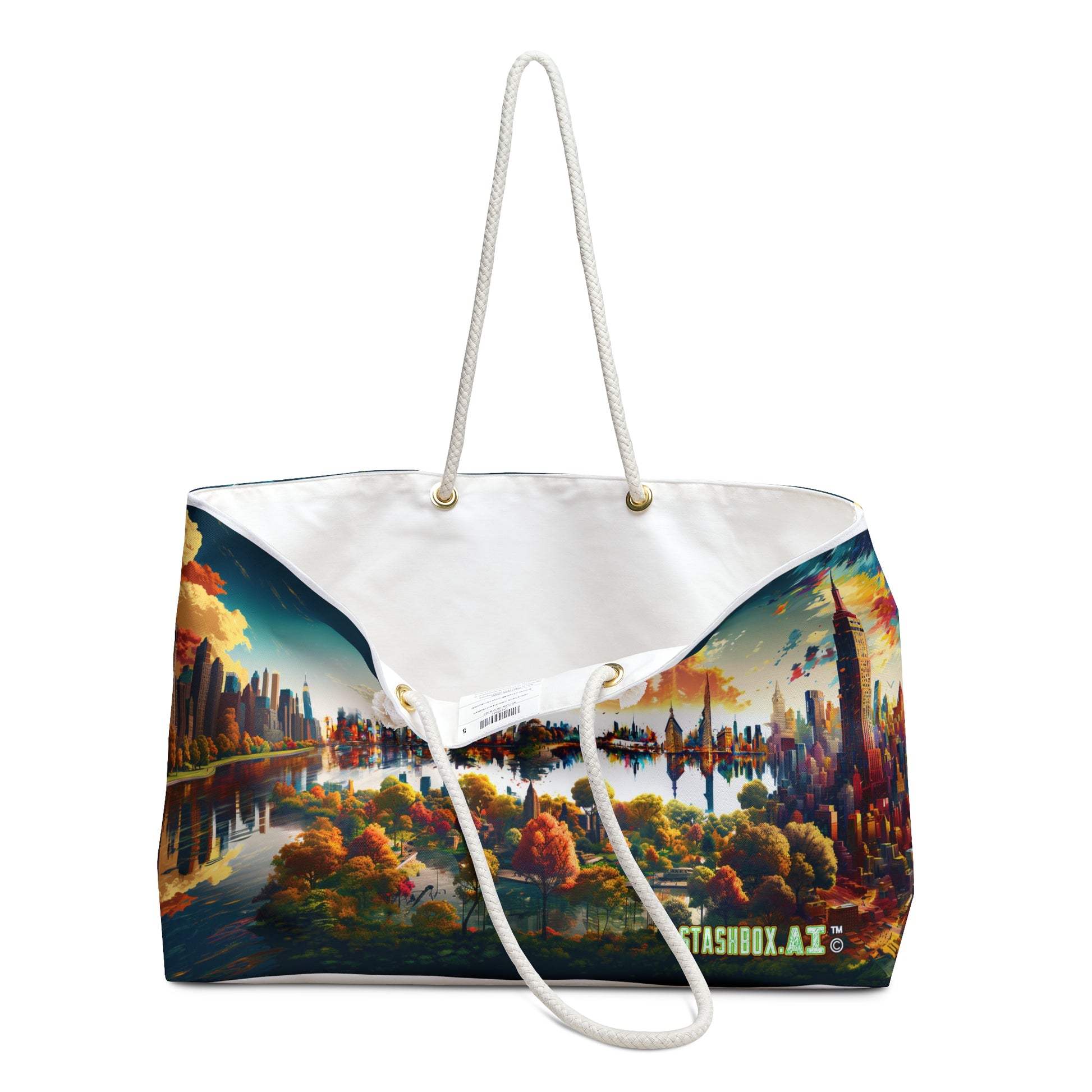 Vibrant New York City Art Bag - Stashbox Illustration - #ColorfulCityscape #UrbanTravel #StashboxCreation #SurrealWeekender