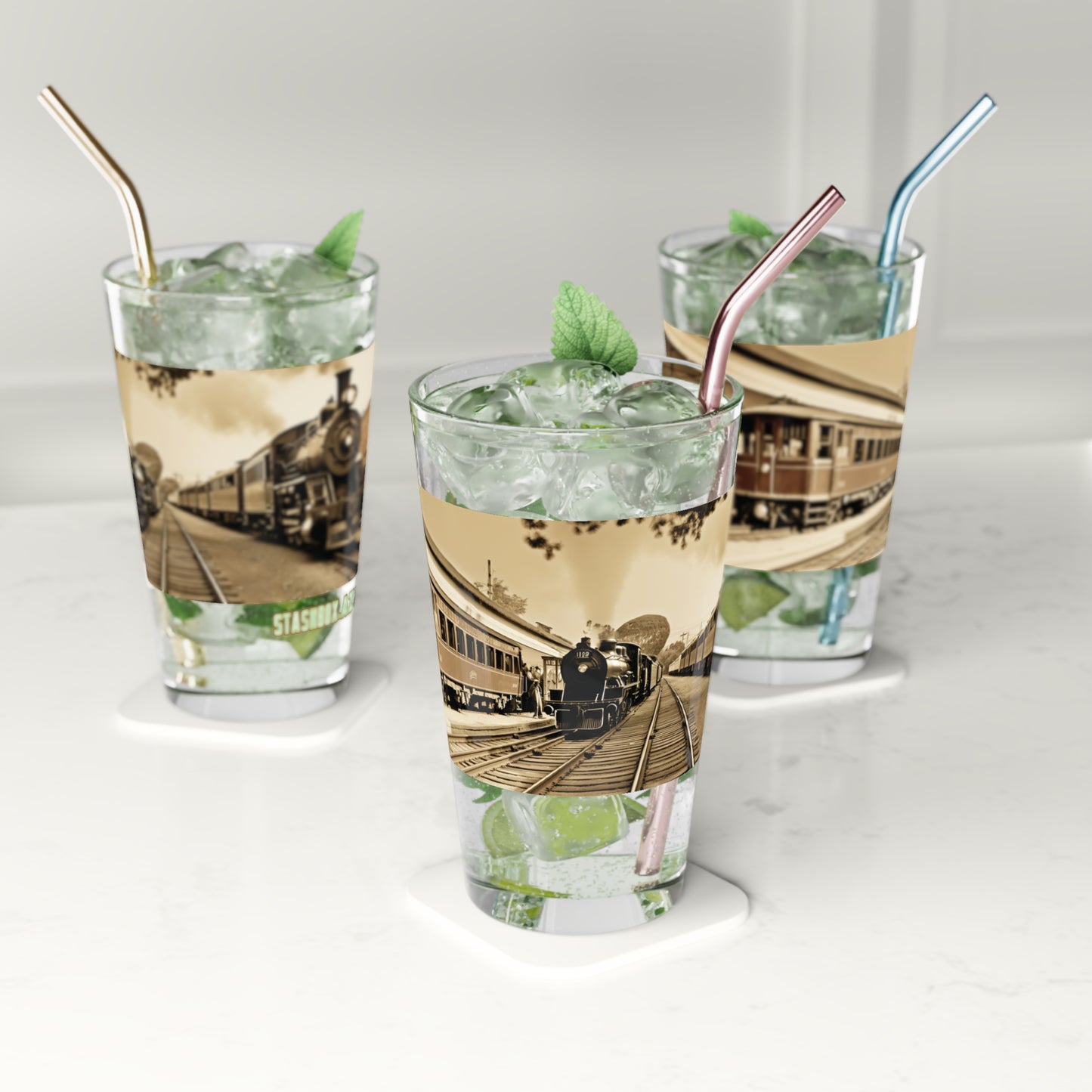 Transport yourself to a bygone era with our Old Classic Trains Pint Glass. The Tabletop Photography Style showcases the timeless allure of vintage locomotives, adding a touch of nostalgia to your drinking experience. #TrainEnthusiast #StashboxExclusive