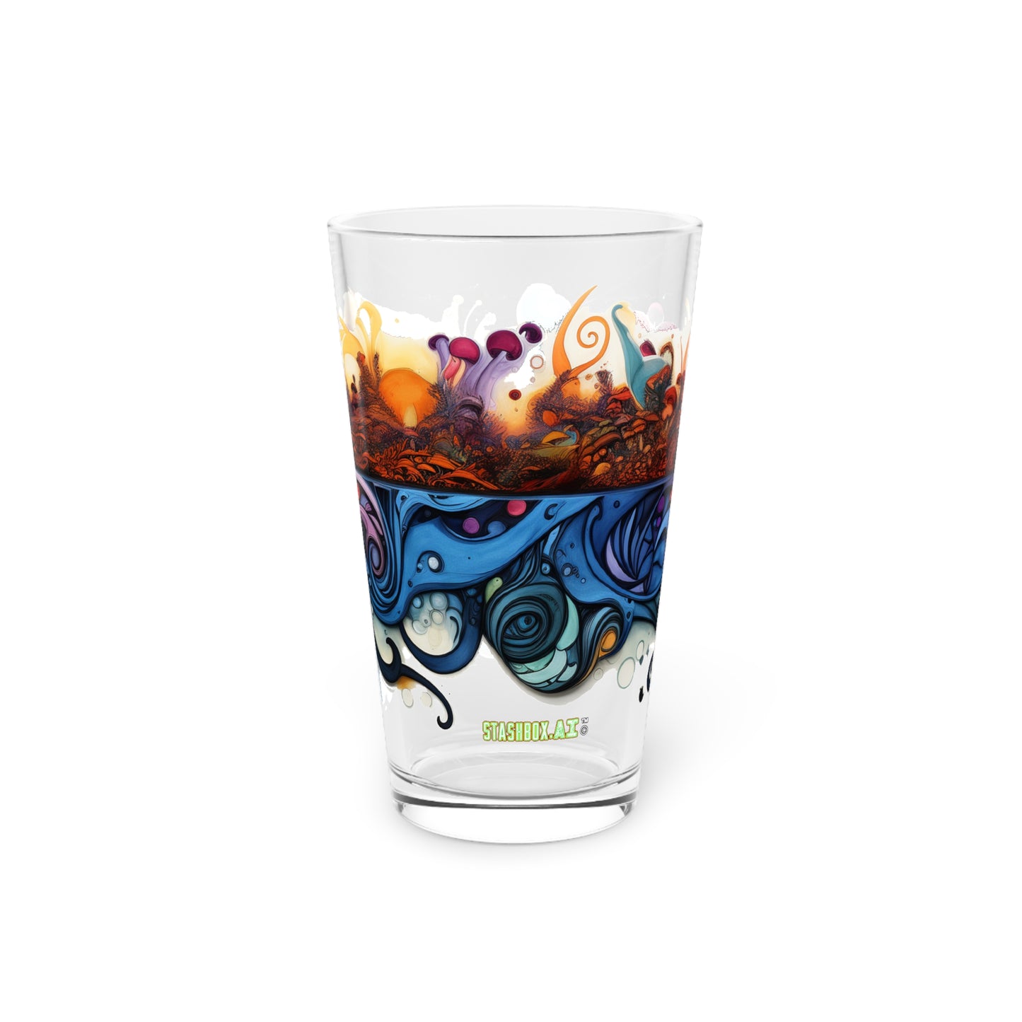 Pint Glass, 16oz Mushroom Psychedelic Design 001