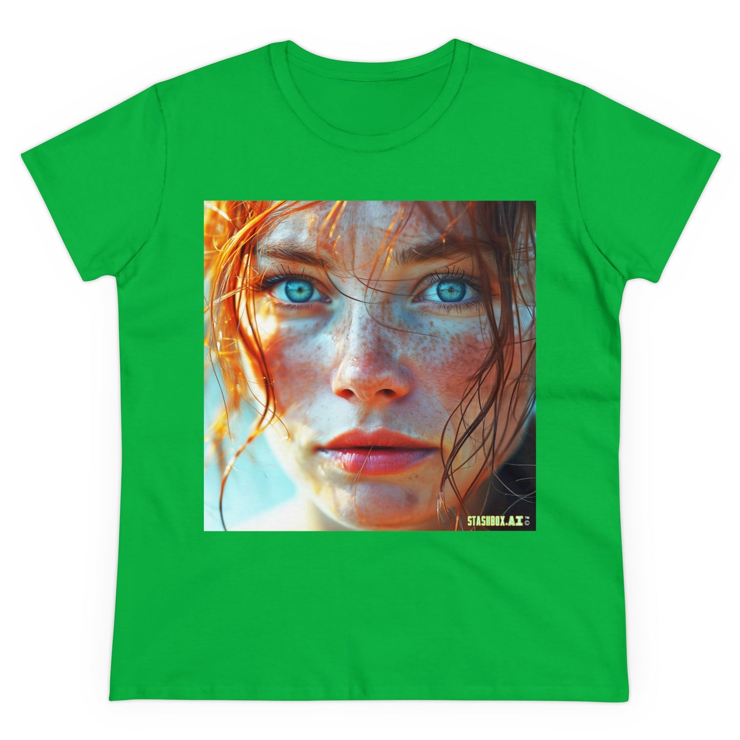 Women's Midweight Cotton Tshirt Redhead Model Beautiful Face Close Up 020