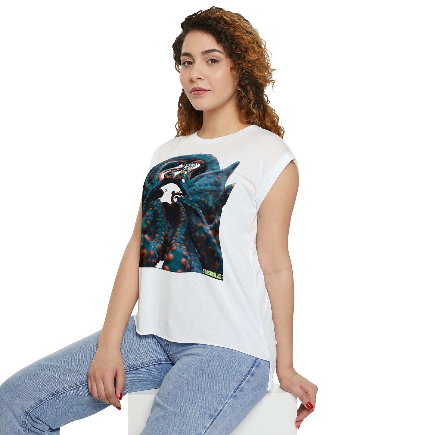 Women’s Flowy Rolled Cuffs Muscle Tee Turquoise Sea Creature 001