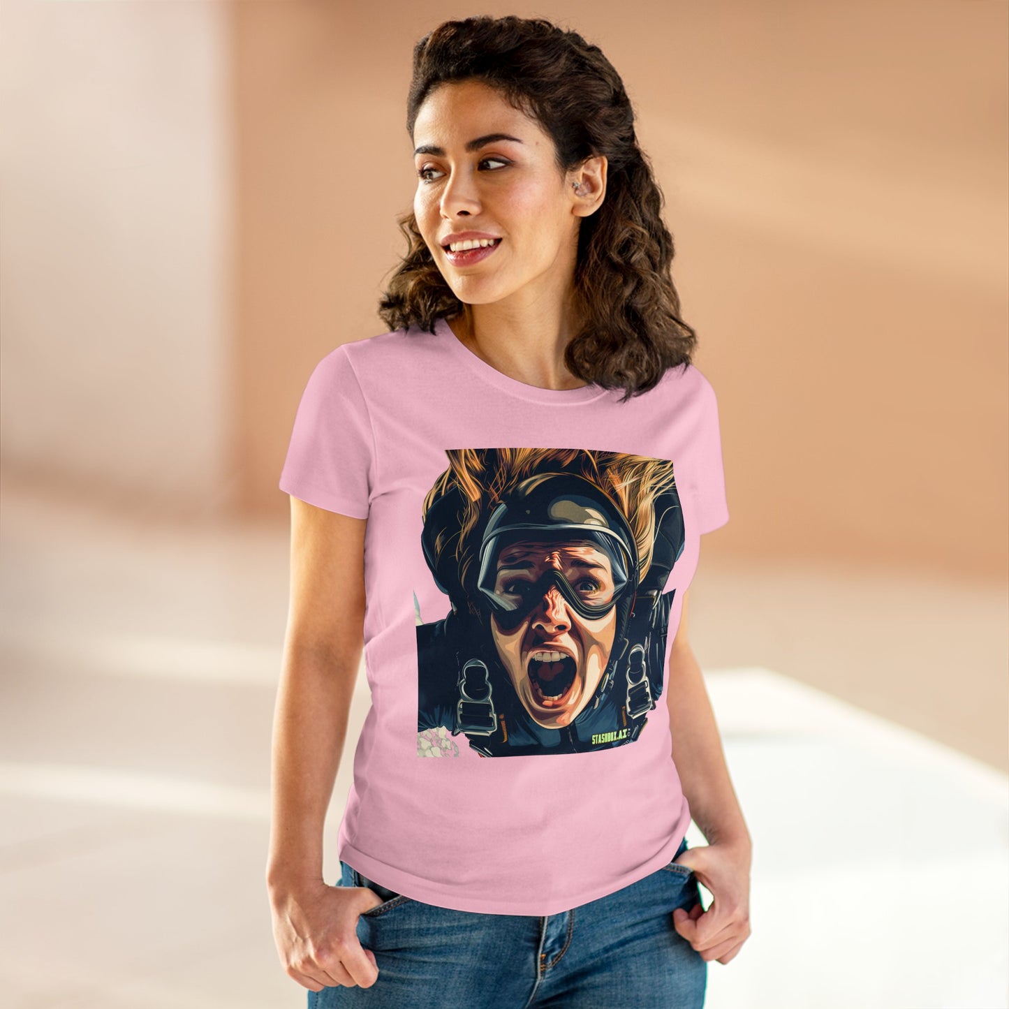 Women's Midweight Cotton Tshirt Terrified Skydiver Close Up 020