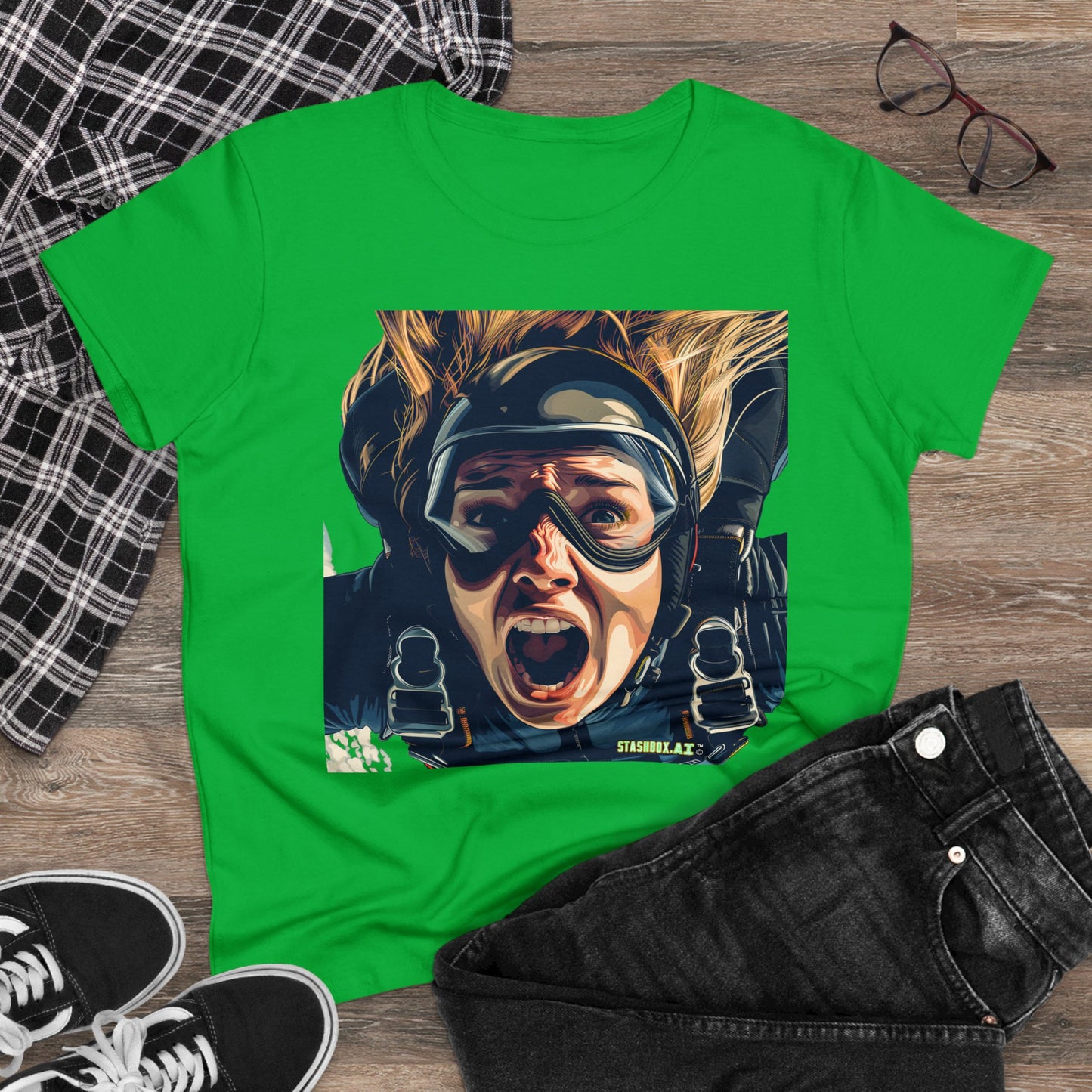 Women's Midweight Cotton Tshirt Terrified Skydiver Close Up 020