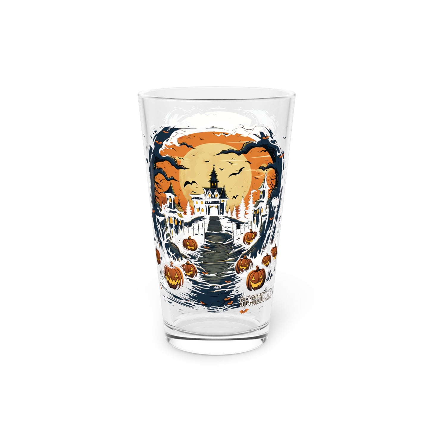 Pint Glass, 16oz Halloween Haunted House & Pumpkin 007
