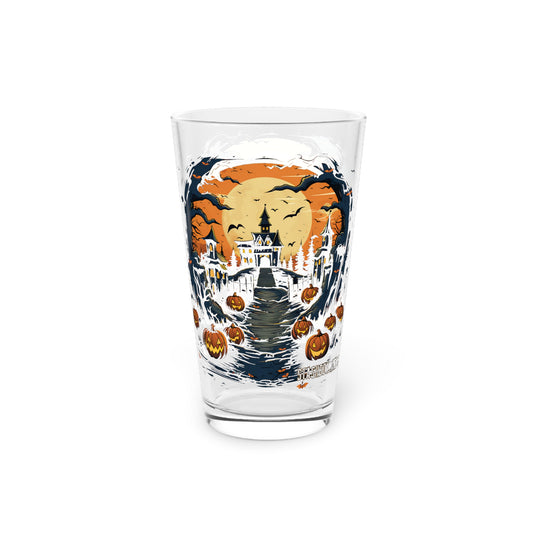 Pint Glass, 16oz Halloween Haunted House & Pumpkin 007