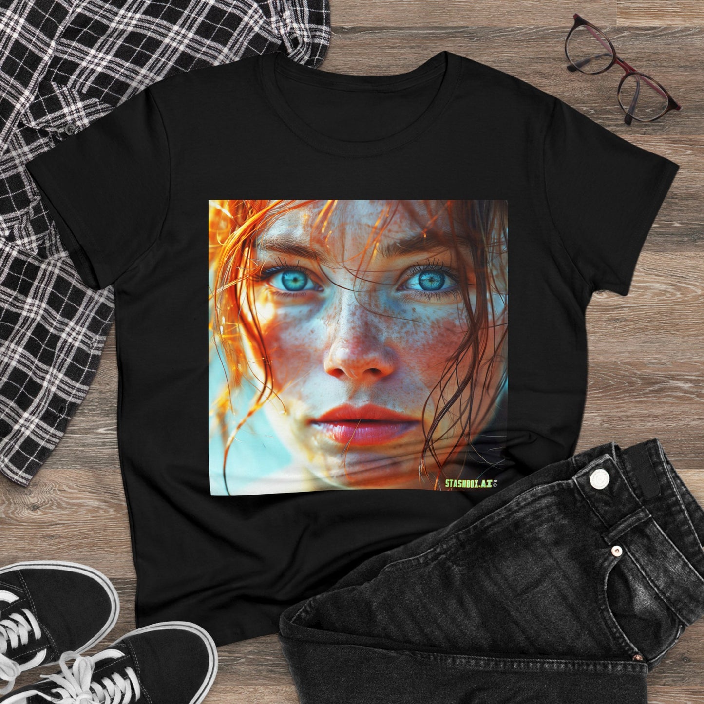 Women's Midweight Cotton Tshirt Redhead Model Beautiful Face Close Up 020