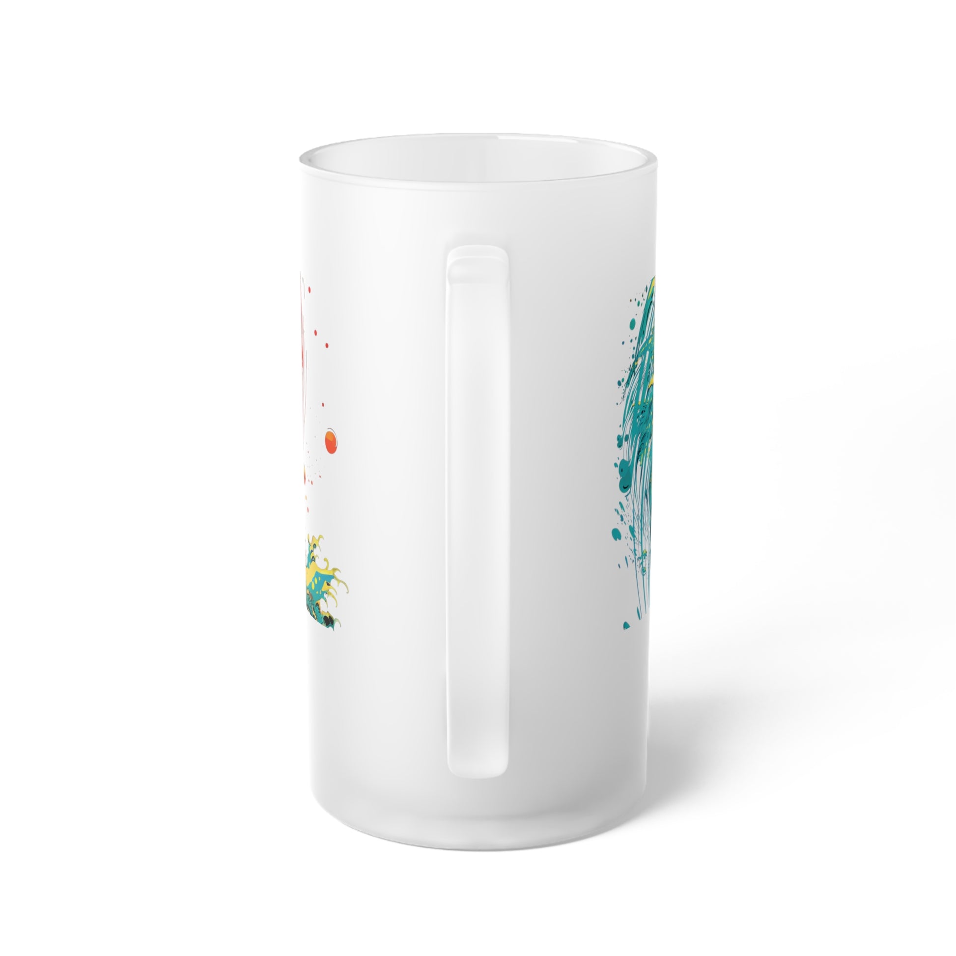 Surfing Astronaut Space Wave Frosted Glass Beer Mug, Waves Design #067. Unleash your inner explorer with every sip. Space-inspired art meets the thrill of the waves.