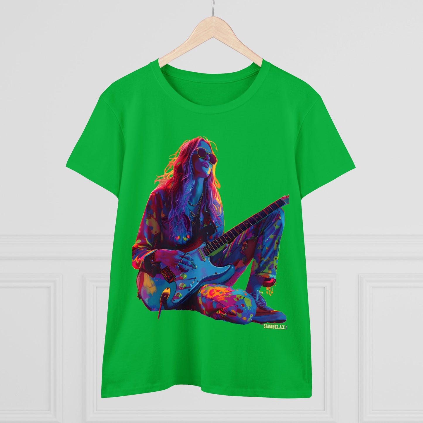 Women's Midweight Cotton Tshirt Colorful Hippy Female Guitarist in the Groove  002