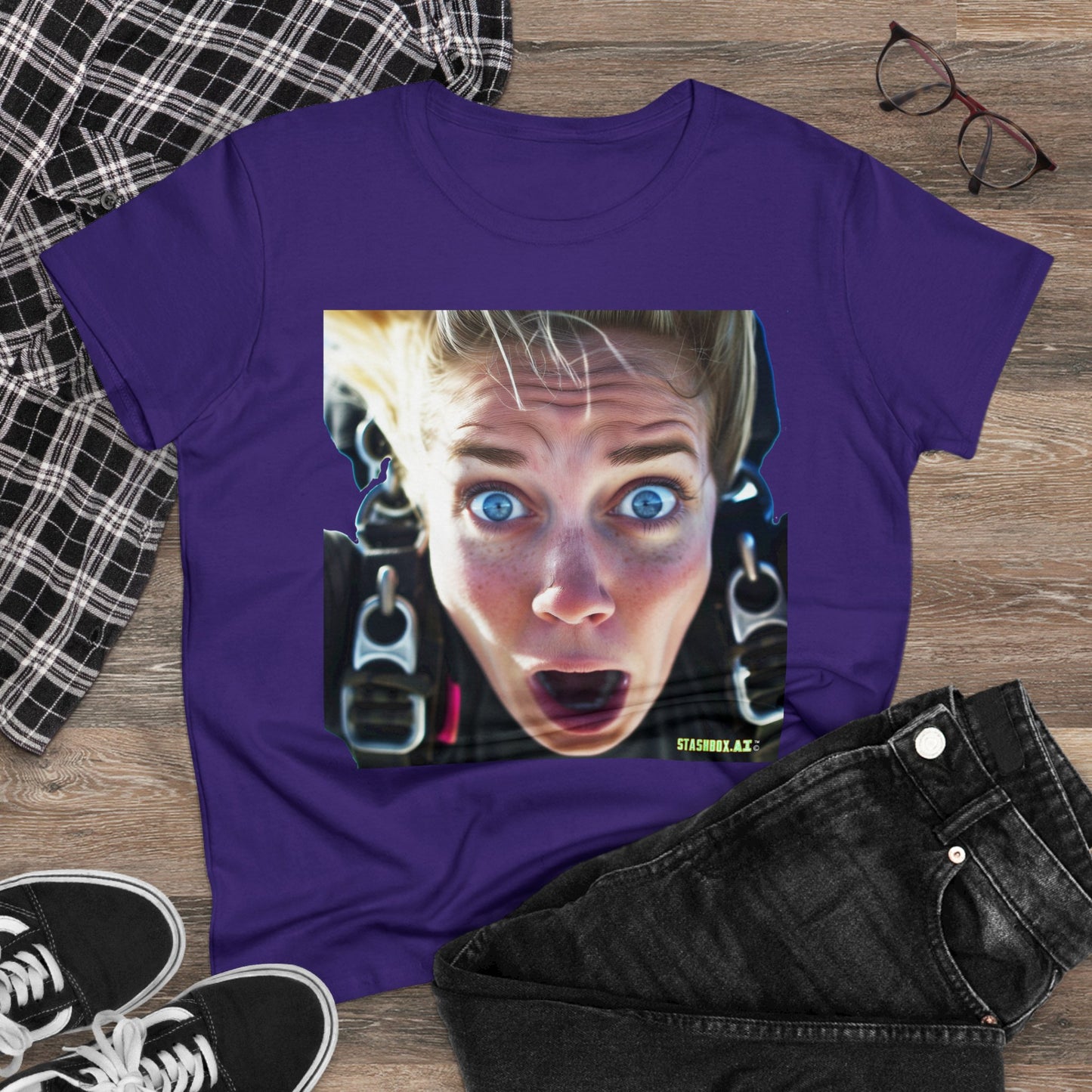 Women's Midweight Cotton Tshirt Terrified Skydiver Close Up 023