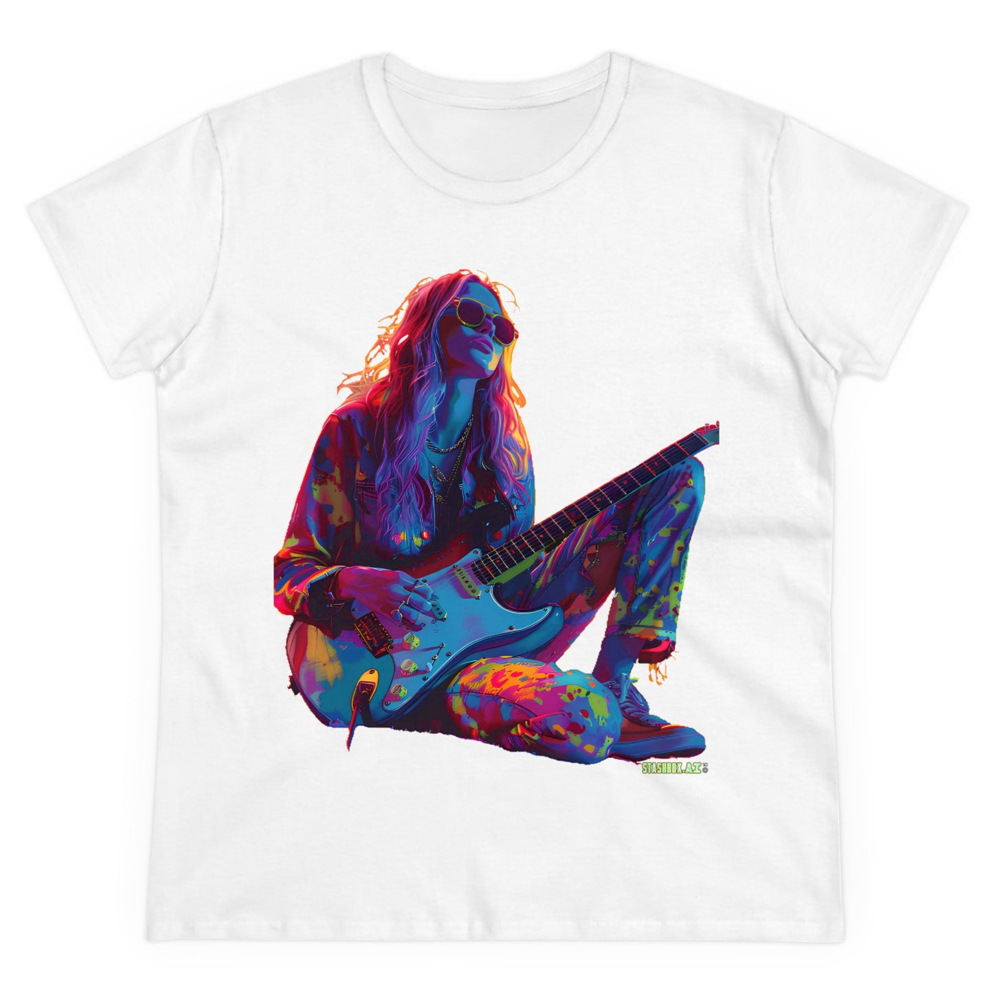Women's Midweight Cotton Tshirt Colorful Hippy Female Guitarist in the Groove  002