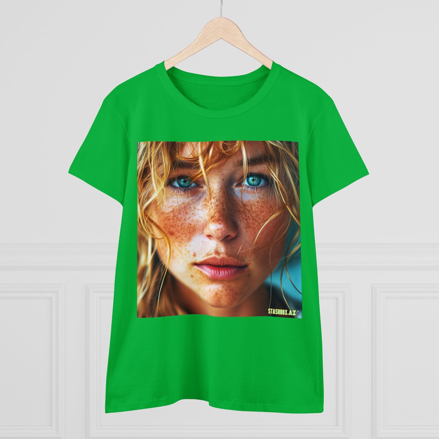 Women's Midweight Cotton Tshirt Redhead Model Beautiful Face Close Up 021