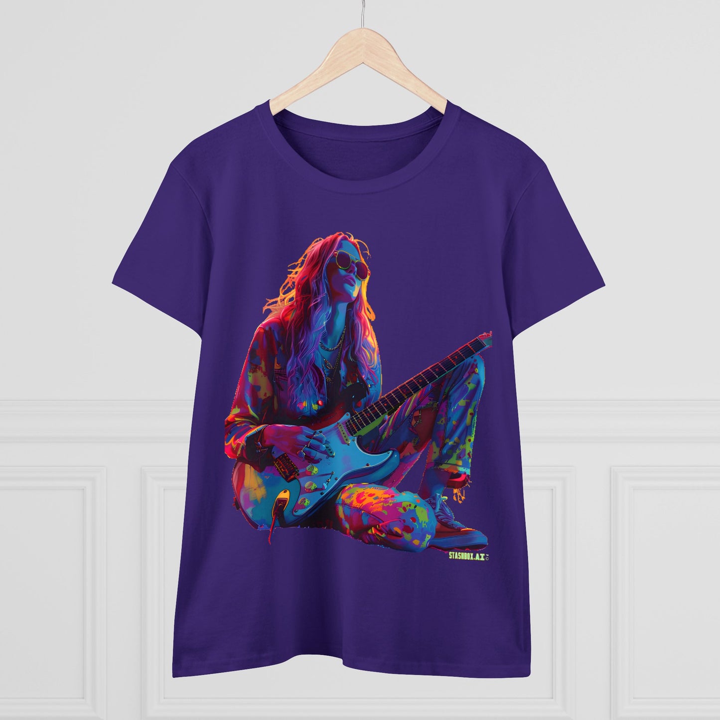 Women's Midweight Cotton Tshirt Colorful Hippy Female Guitarist in the Groove  002
