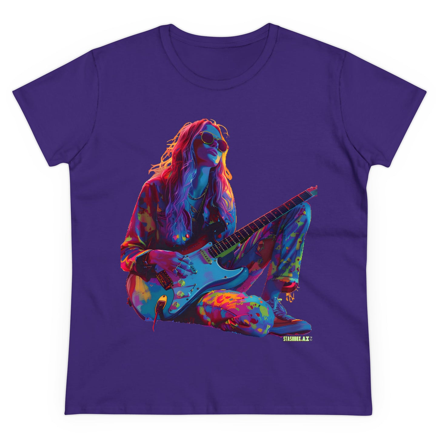 Women's Midweight Cotton Tshirt Colorful Hippy Female Guitarist in the Groove  002