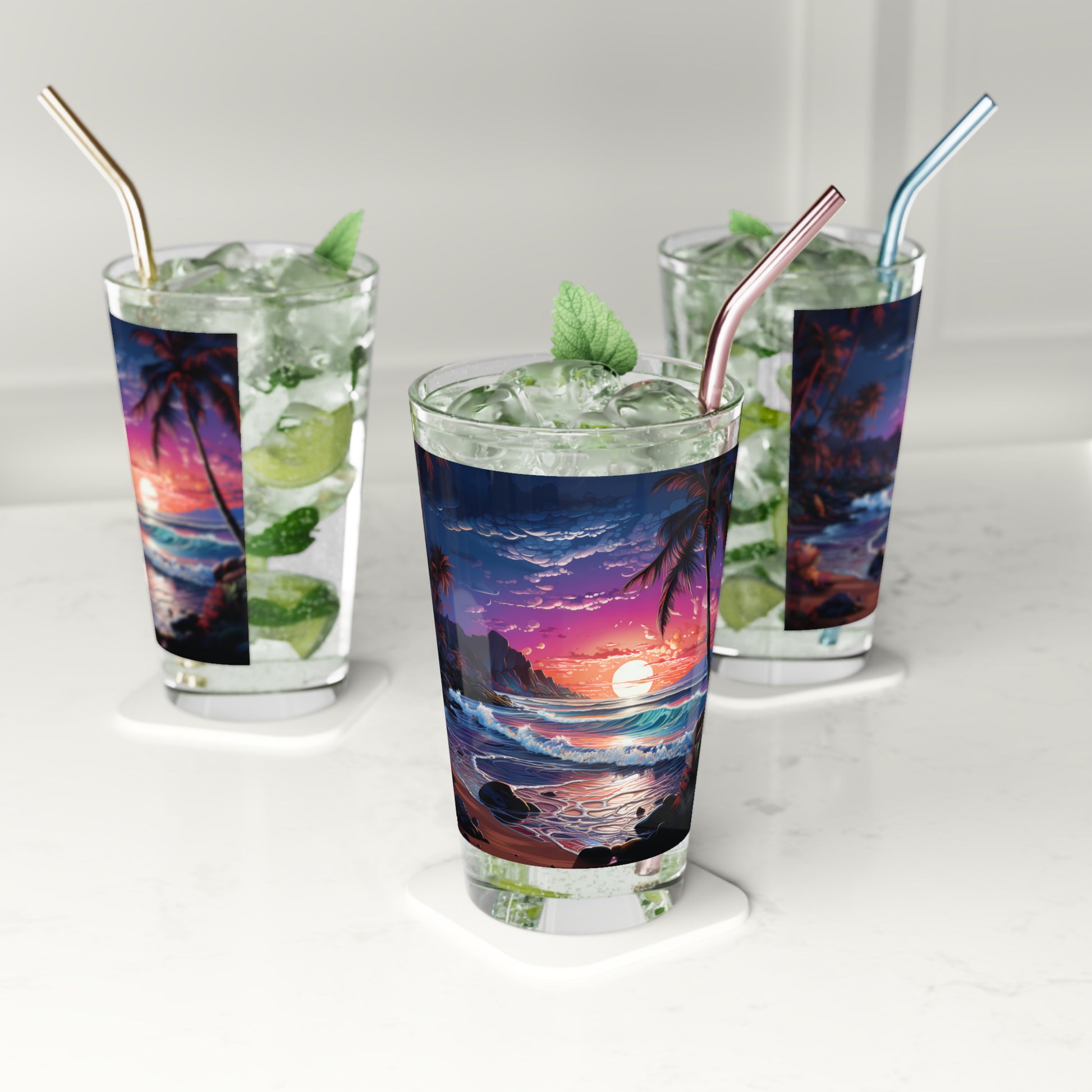 Experience the magic of the Night Sky Beach with our Pint Glass, Design #022. Your pint glass, your gateway to beach paradise under the stars, exclusively at Stashbox.ai.