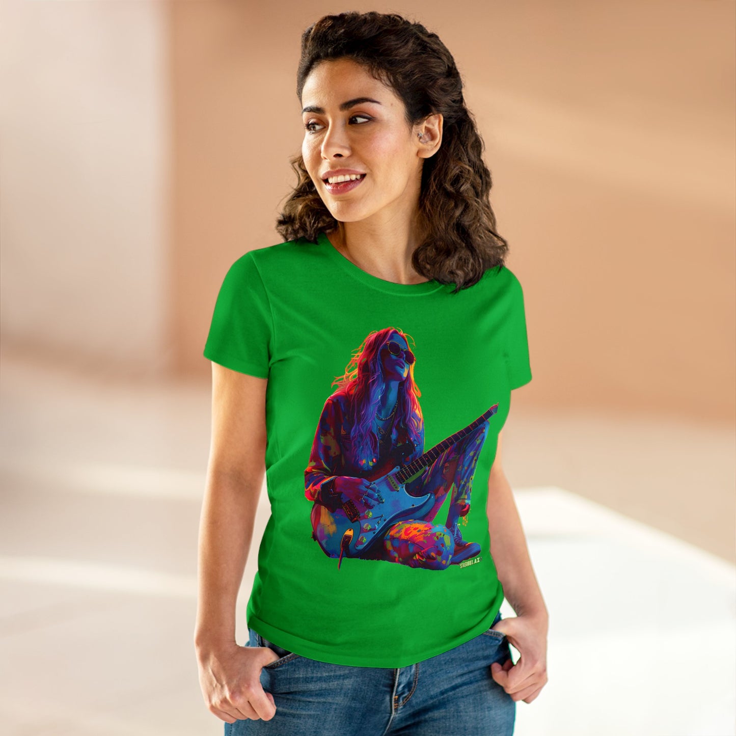 Women's Midweight Cotton Tshirt Colorful Hippy Female Guitarist in the Groove  002