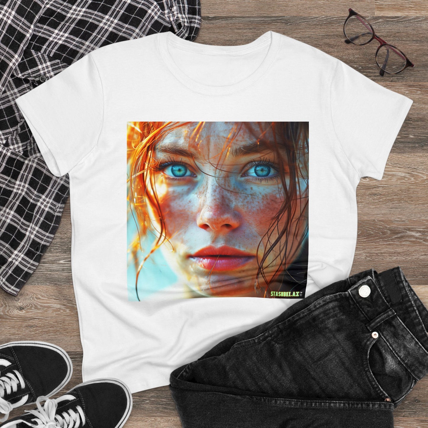 Women's Midweight Cotton Tshirt Redhead Model Beautiful Face Close Up 020