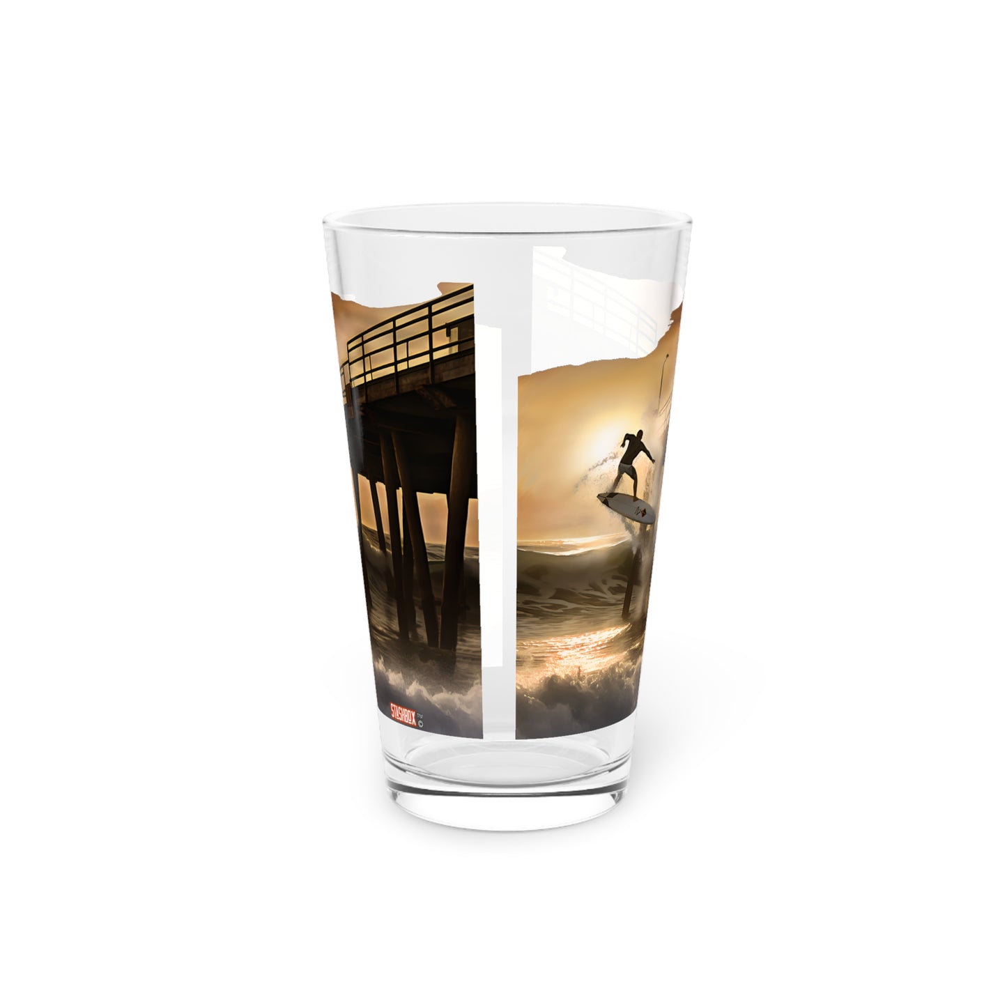 Pint Glass 16oz Huntington Beach Surfer Charging The Pier Waves 062