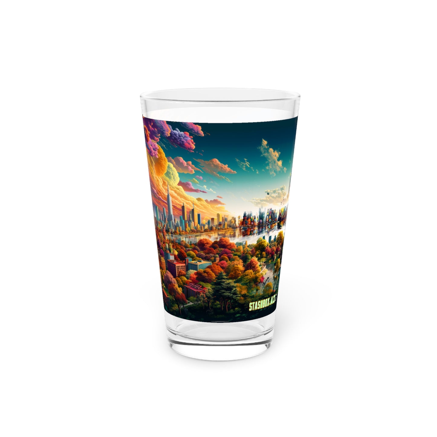 Yankeecore-Inspired Urban Dreamscape Pint Glass - Surreal Cityscape Art - #PsychedelicSkyline #ArtisticGlassware #StashboxCreation