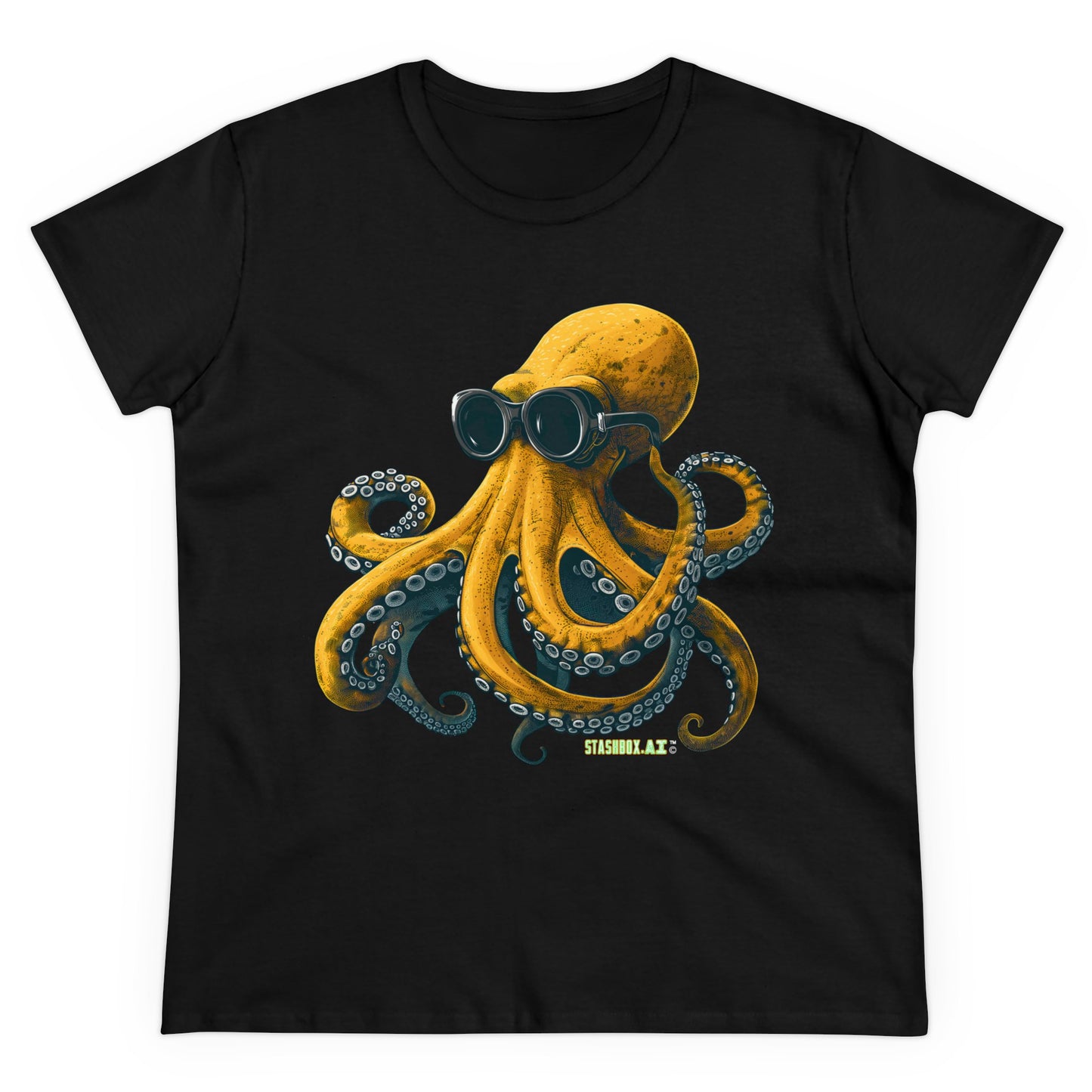 Women's Midweight Cotton Tshirt Yellow Octopus wearing goggles 001