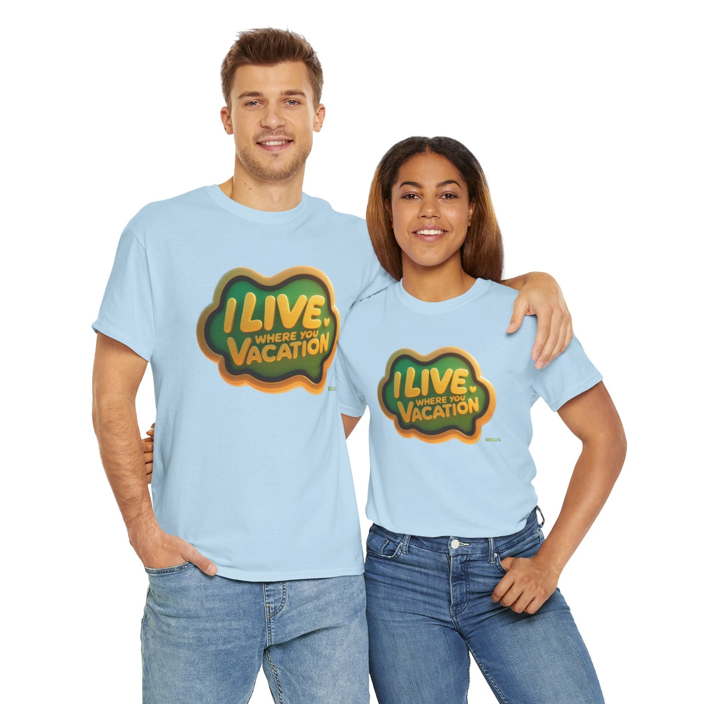 Vacation Vibes Unisex Heavy Cotton Tee - "I Live Where You Vacation" Green & Yellow