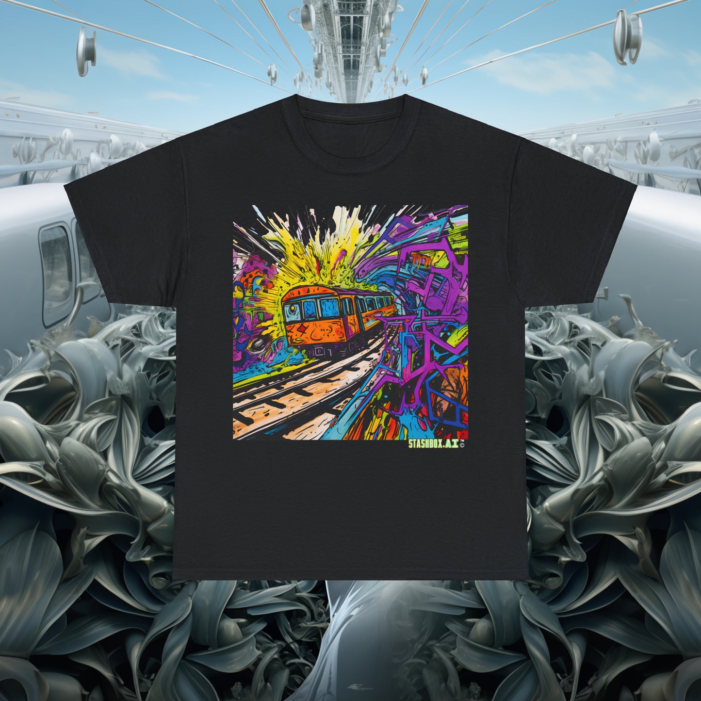 Unisex Heavy Cotton T-Shirt Insane Vibrant Color Train Roaring Down Track 018