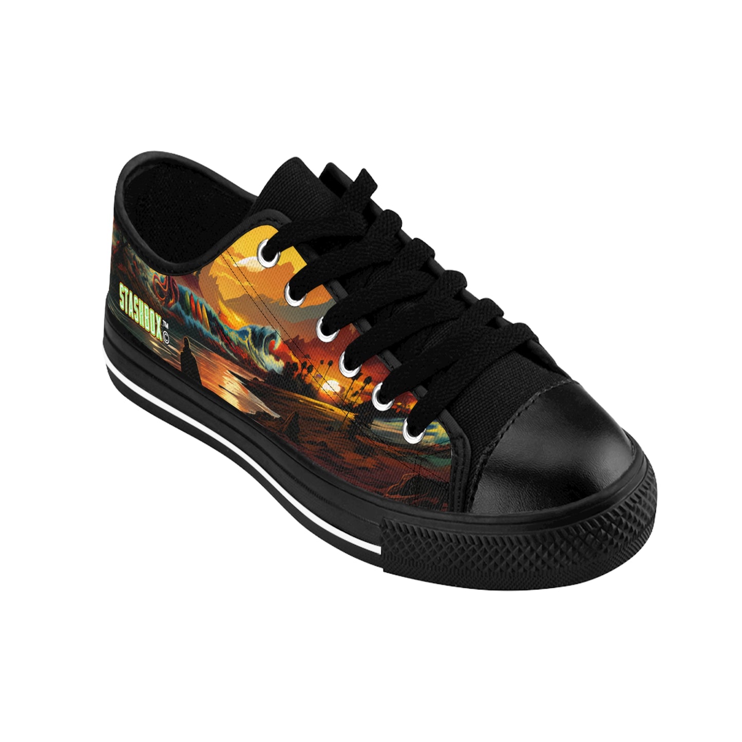STASHBOX.AI Sunset Waves, Surfboards, & Kraken - Custom Men's Shoes with original reggae and music artwork